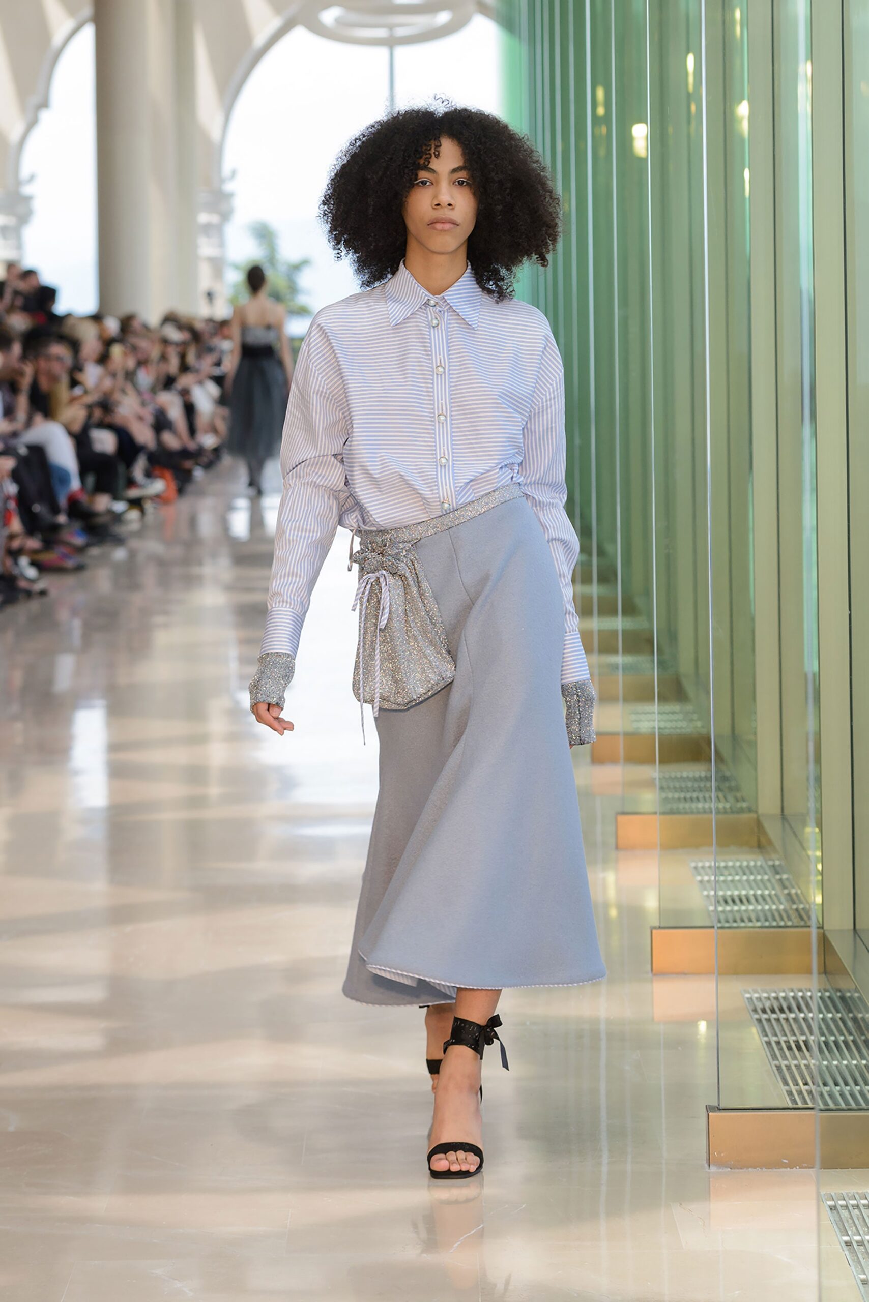 blue striped shirt gray midi skirt