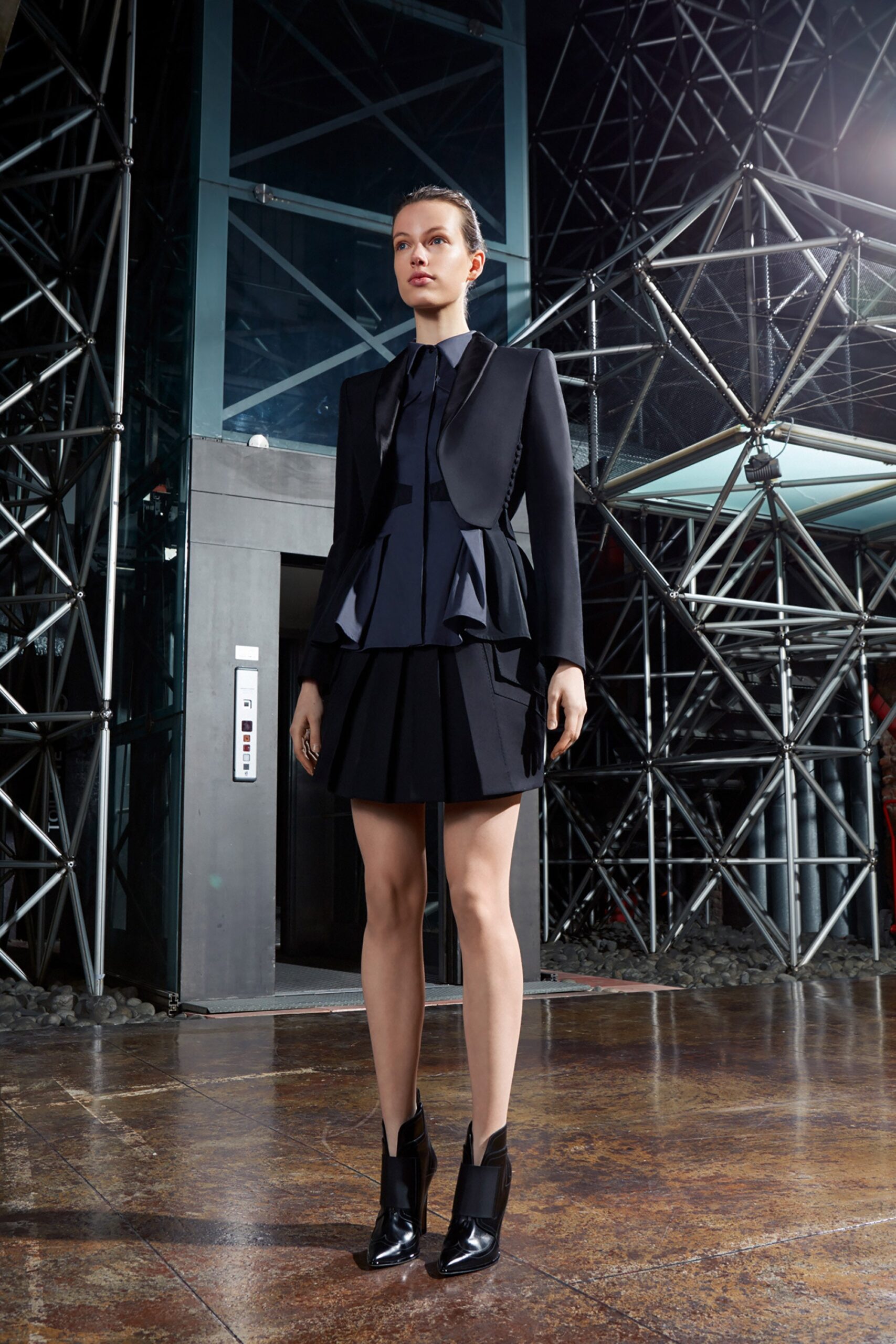 black cotton long-sleeve collared structured layered blazer