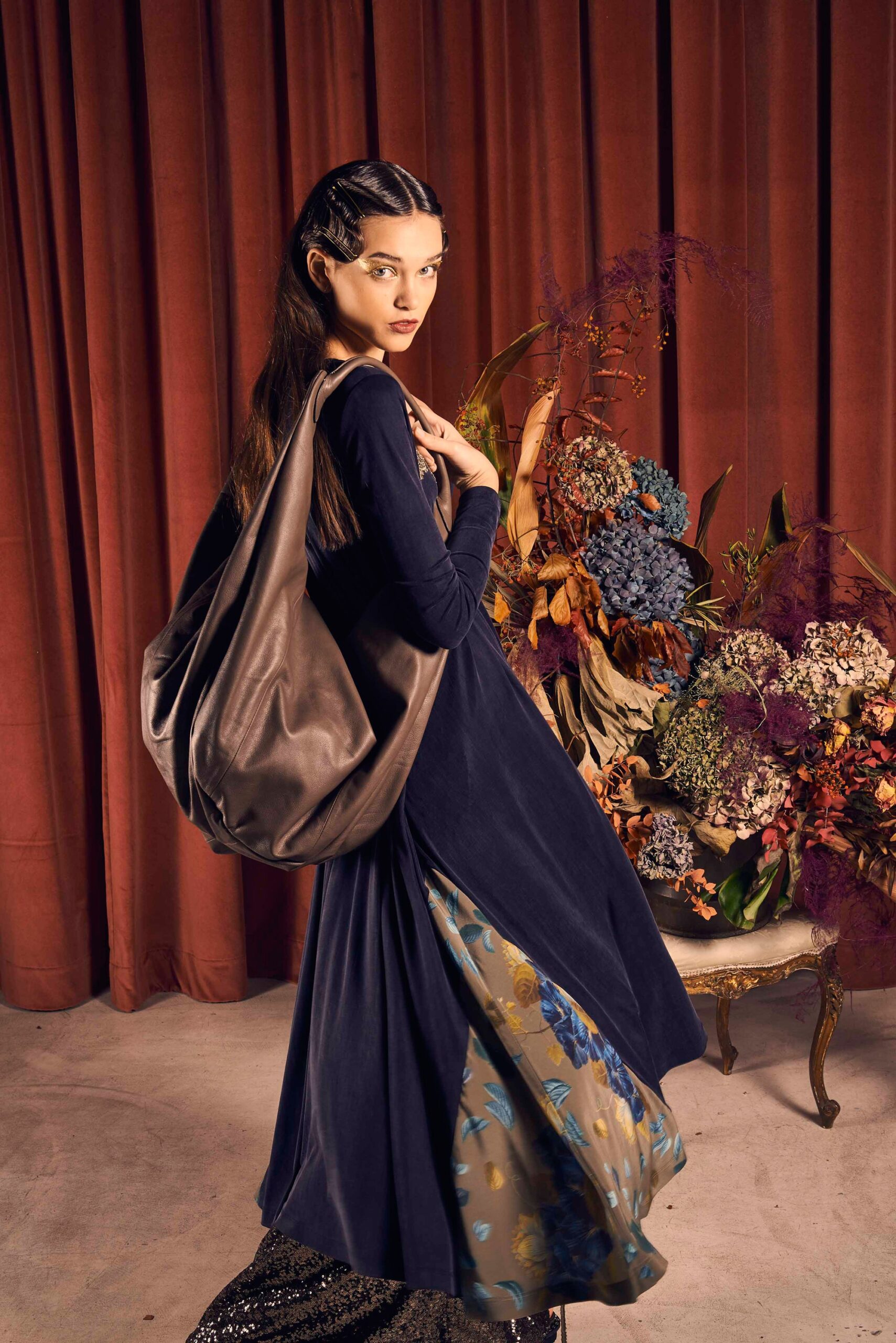 blue multi-layered midi dress with bag