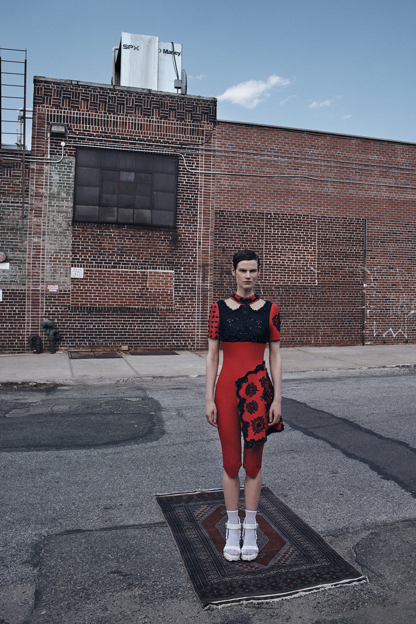 red and black embroidered midi dress