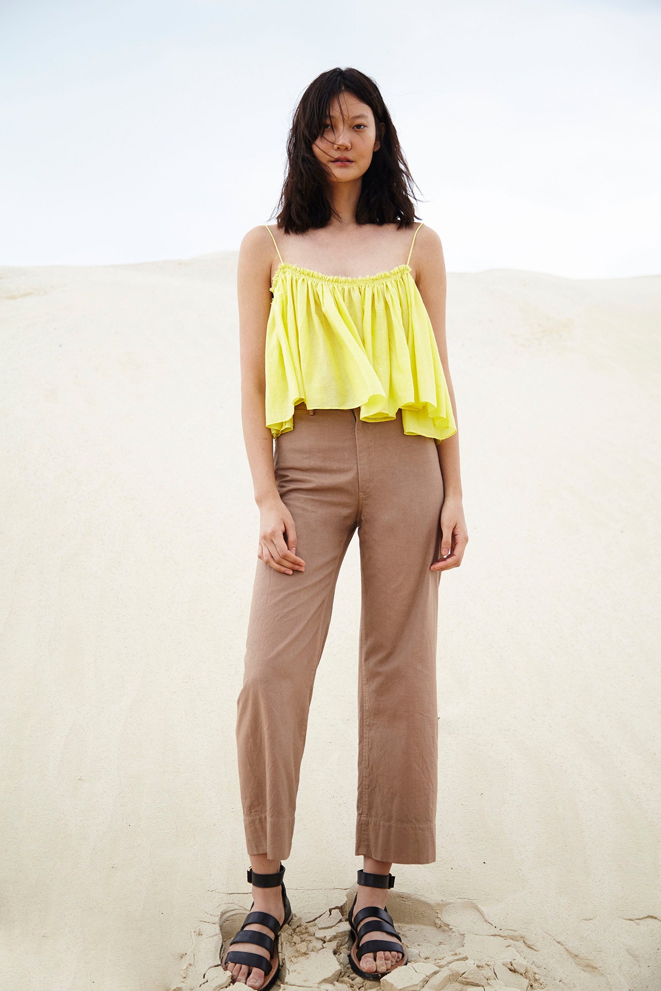yellow cotton sleeveless square-neck relaxed ruffled top