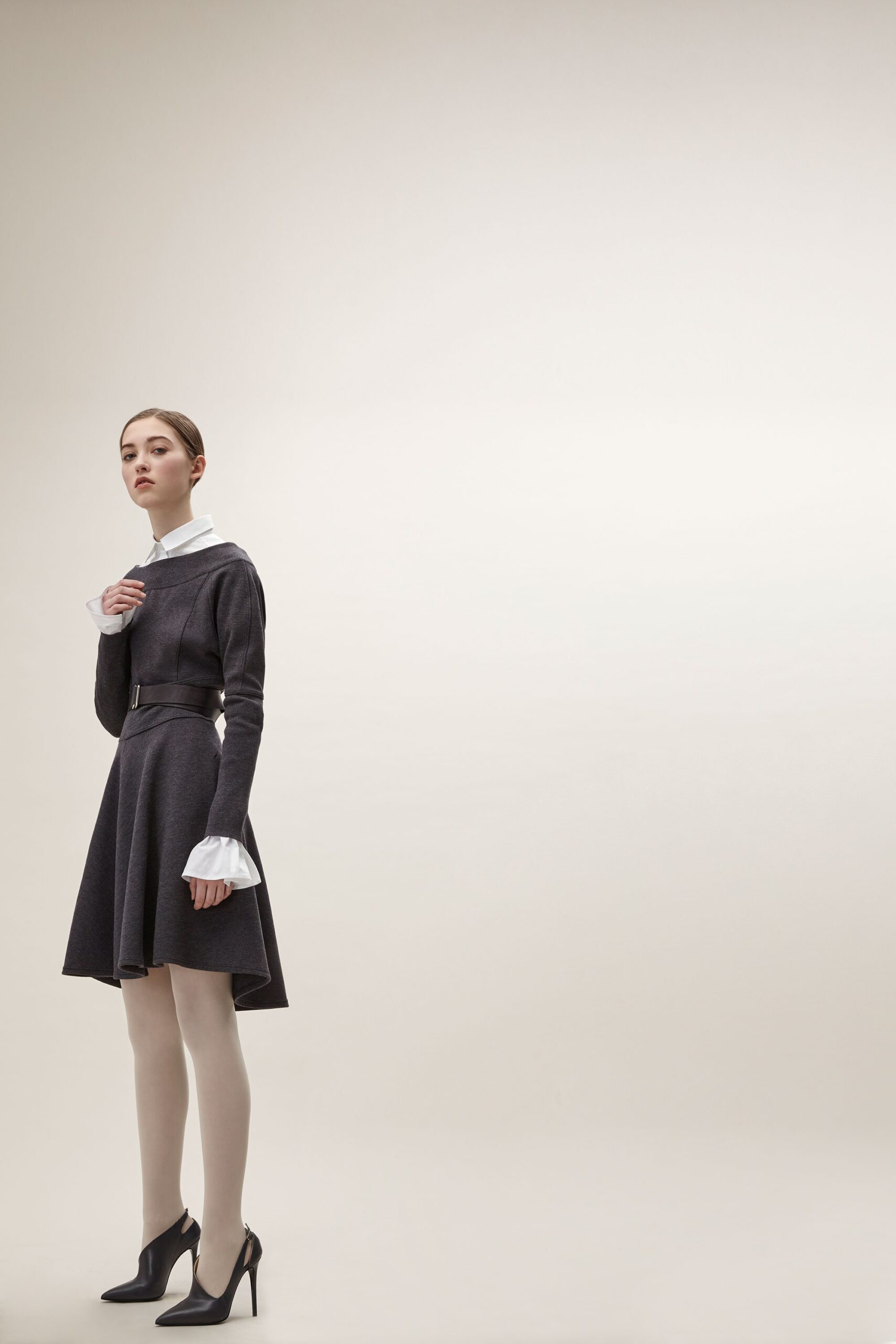 black wool belted mini dress
