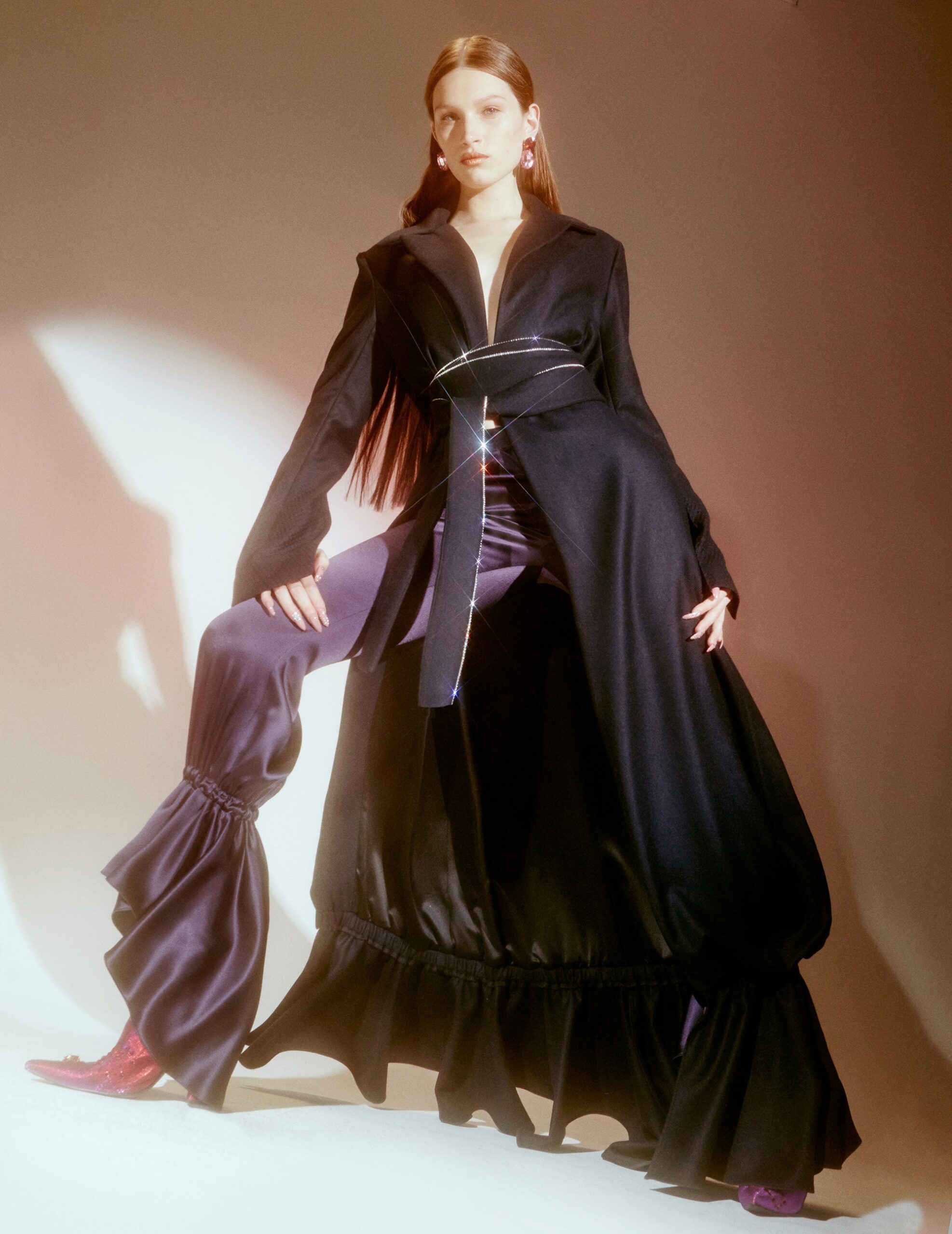 black silk maxi dress with flared pants