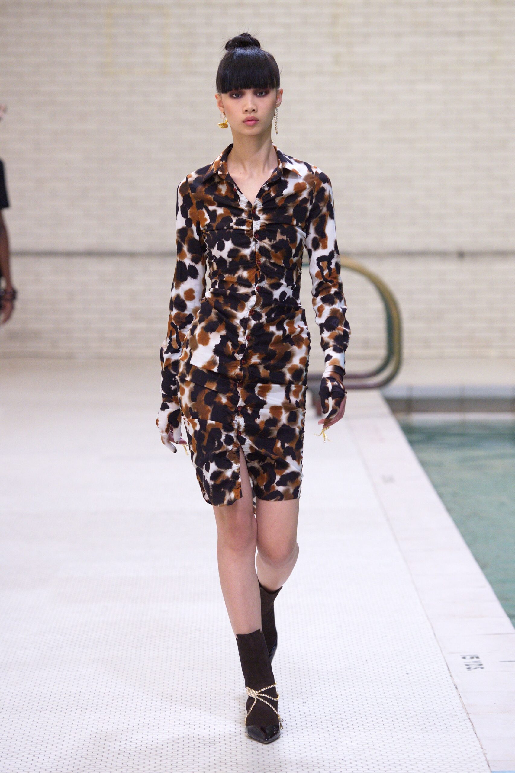 brown printed silk shirt-dress