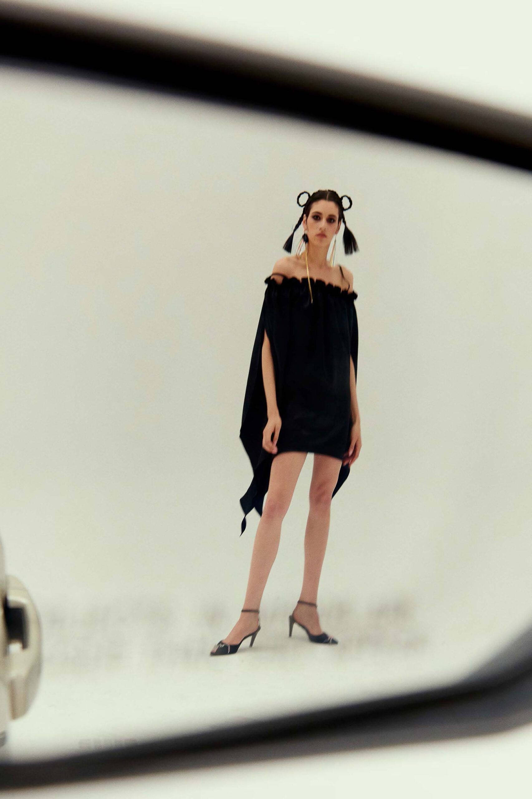 black silk off-shoulder mini dress