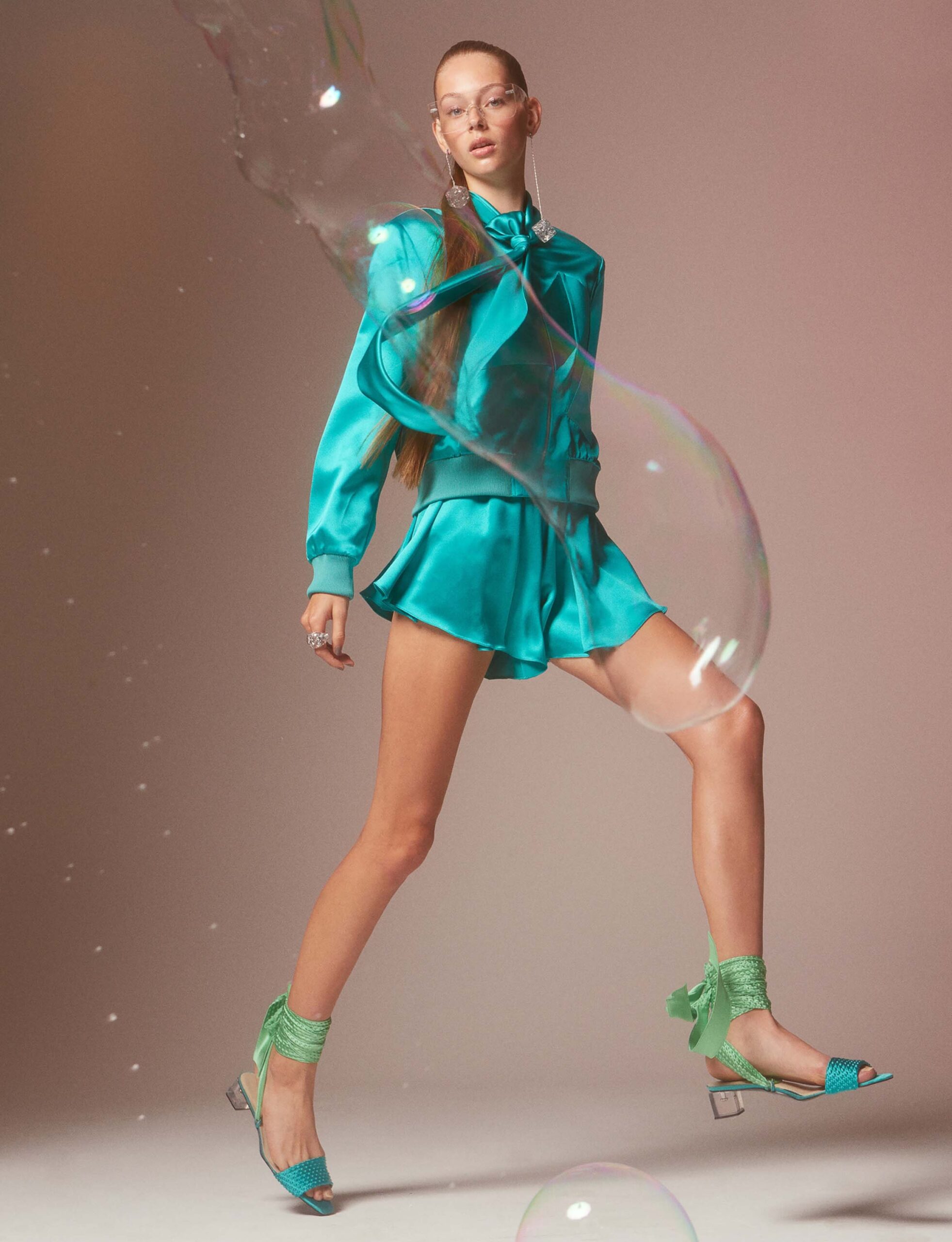 teal silk top and shorts