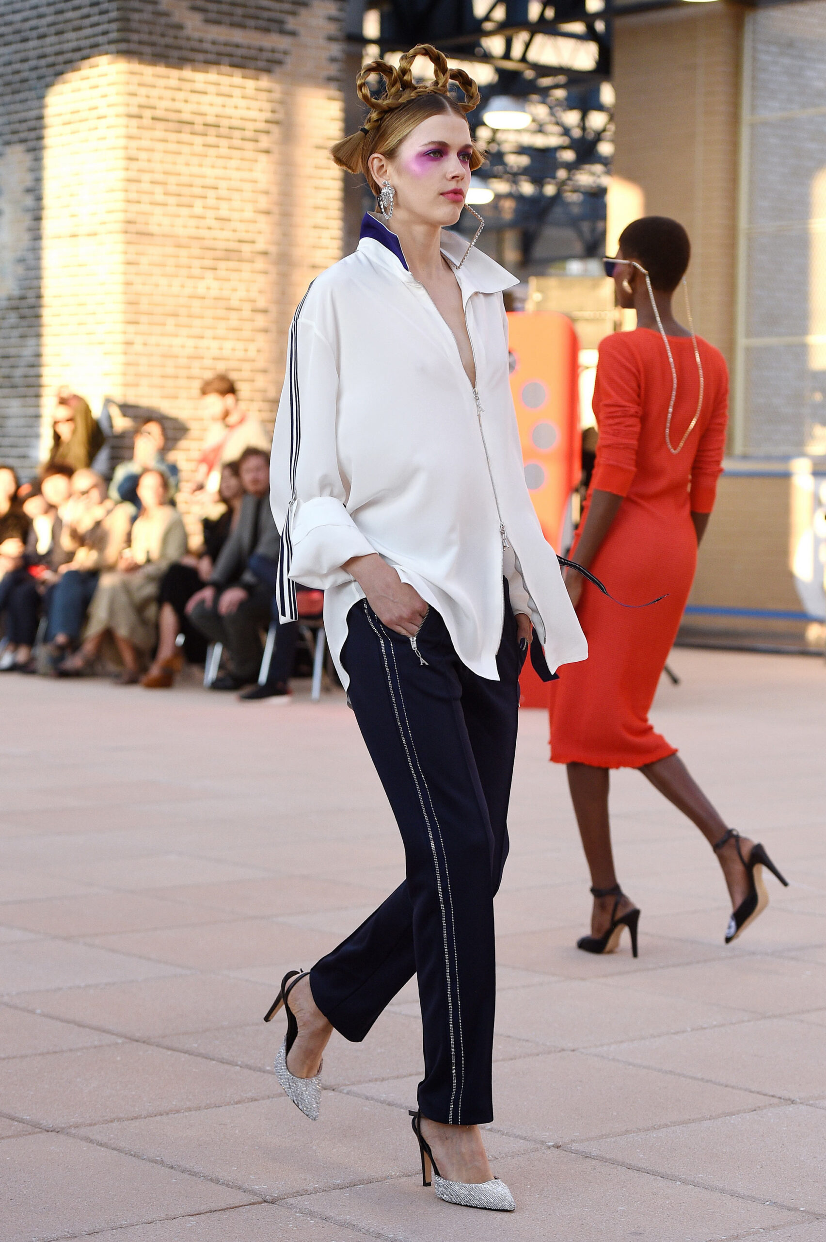white relaxed shirt with navy pants