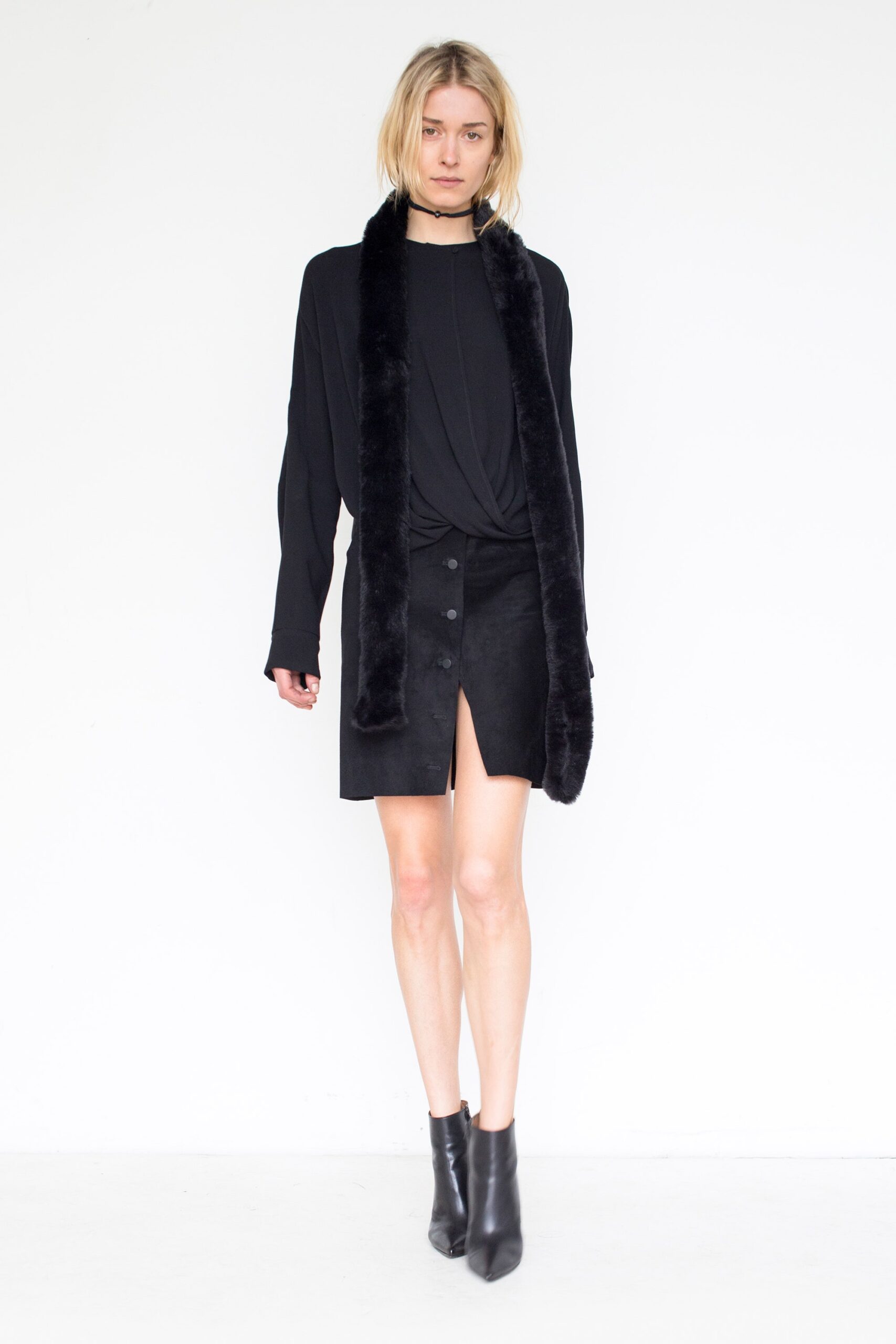 black suede slit fitted high-waisted buttoned mini skirt