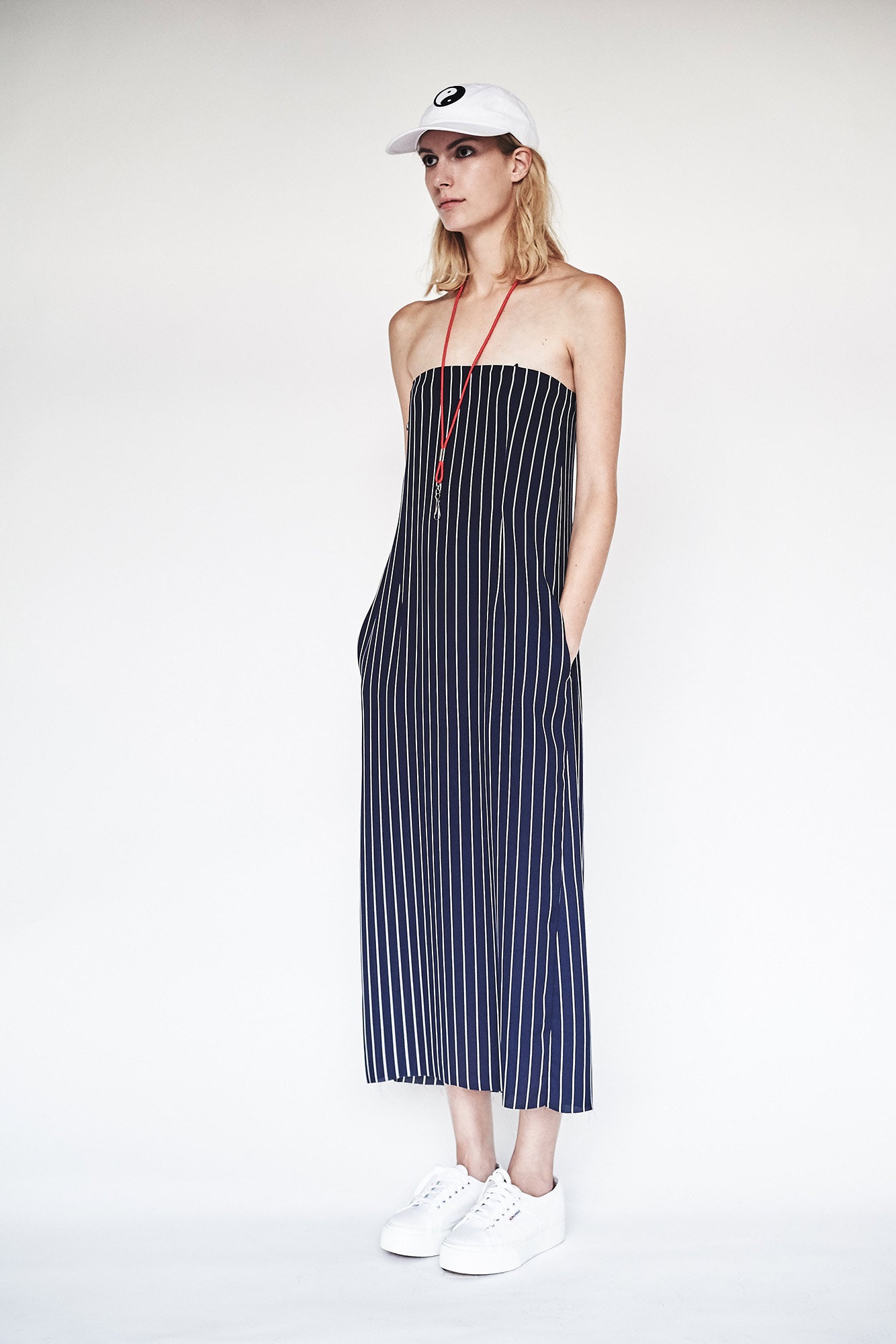 blue sleeveless strapless fitted striped pockets midi dress