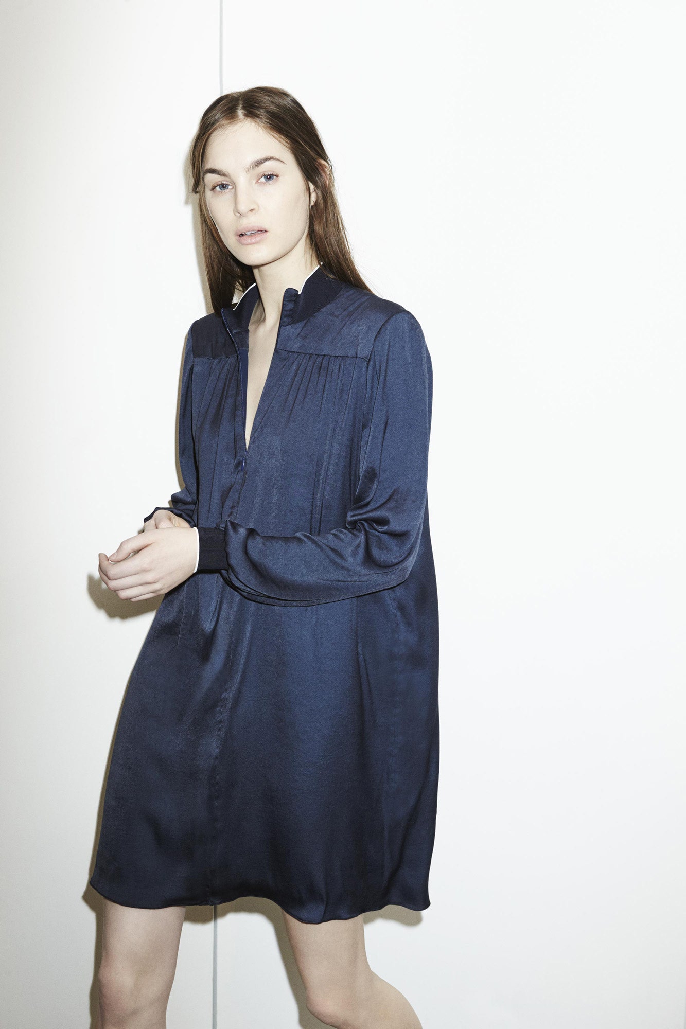 blue silk relaxed shirt-dress