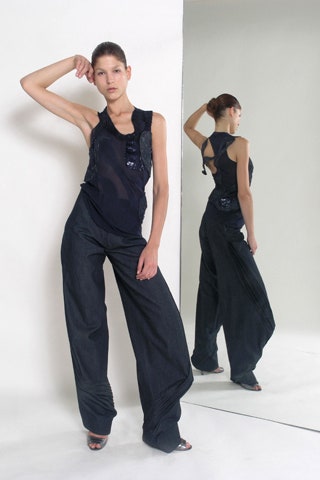black mesh top and relaxed pants