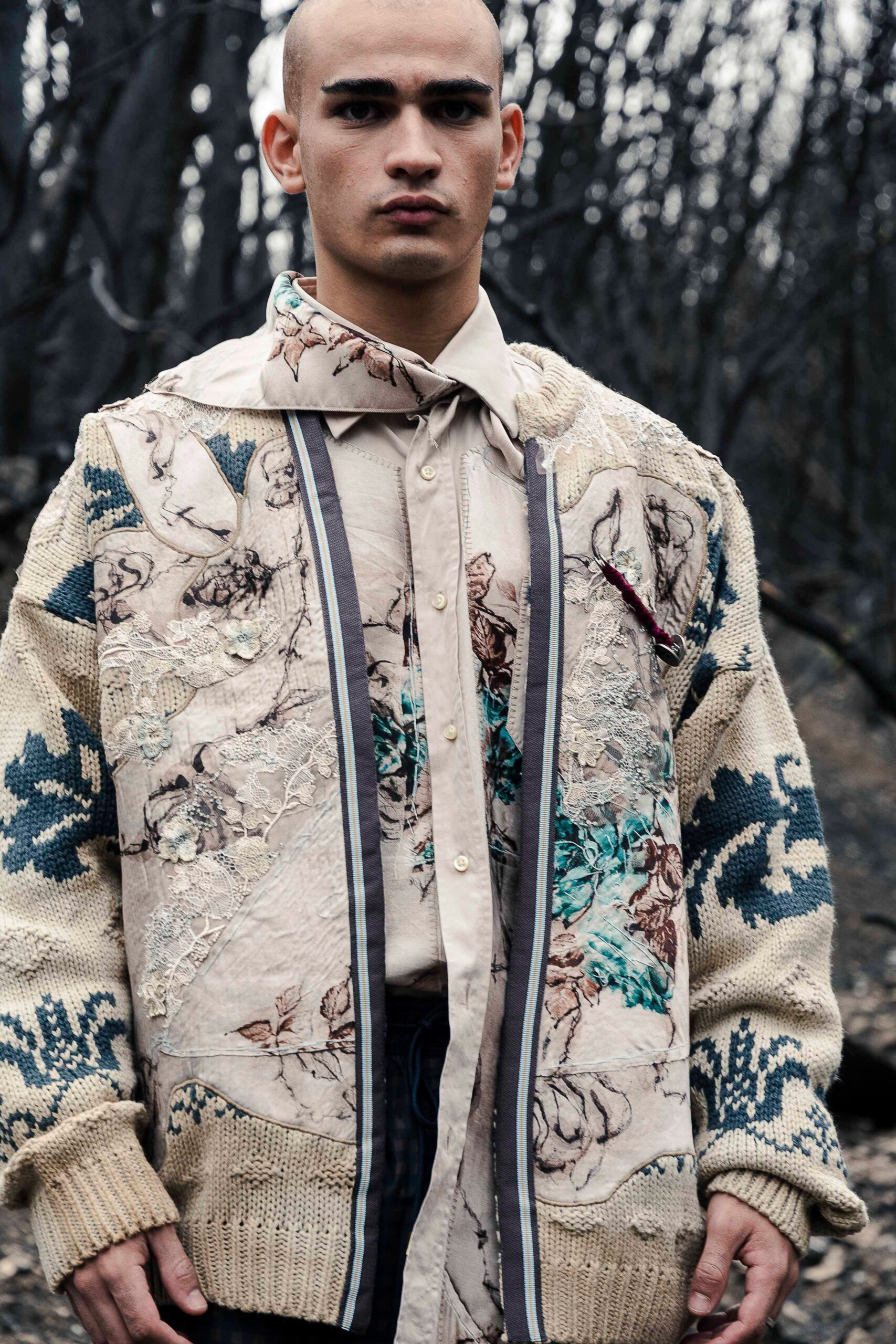 beige knit long-sleeve relaxed embroidered layered cardigan