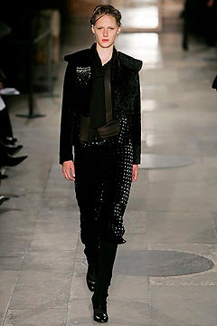 black faux-fur coat with silk top and pants