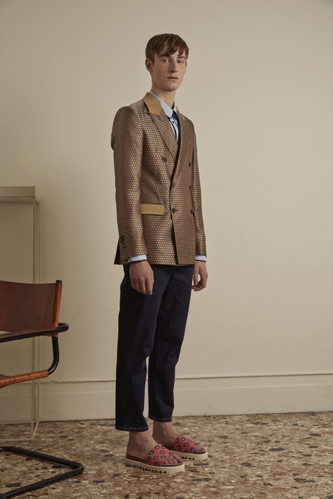 brown silk long-sleeve collared tailored buttoned polka-dot blazer
