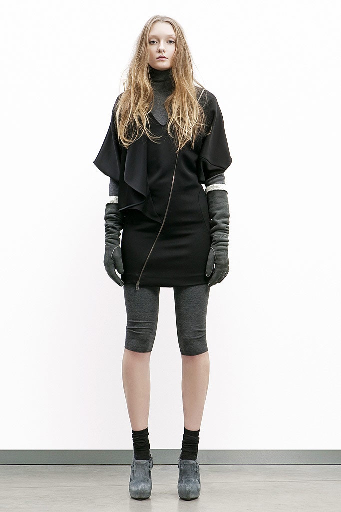 black fitted dress with gray leggings