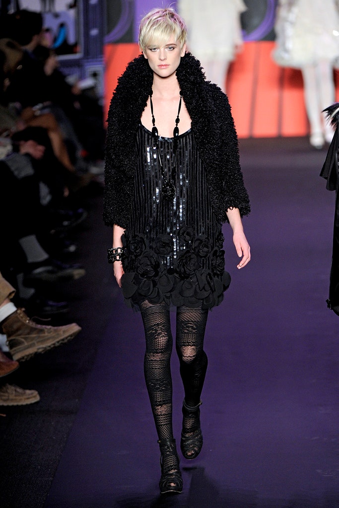black sequined mini dress with fur coat