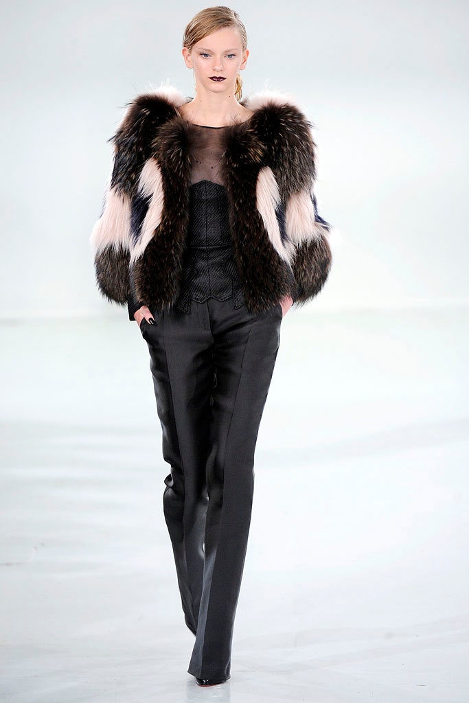 black silk top with fur jacket