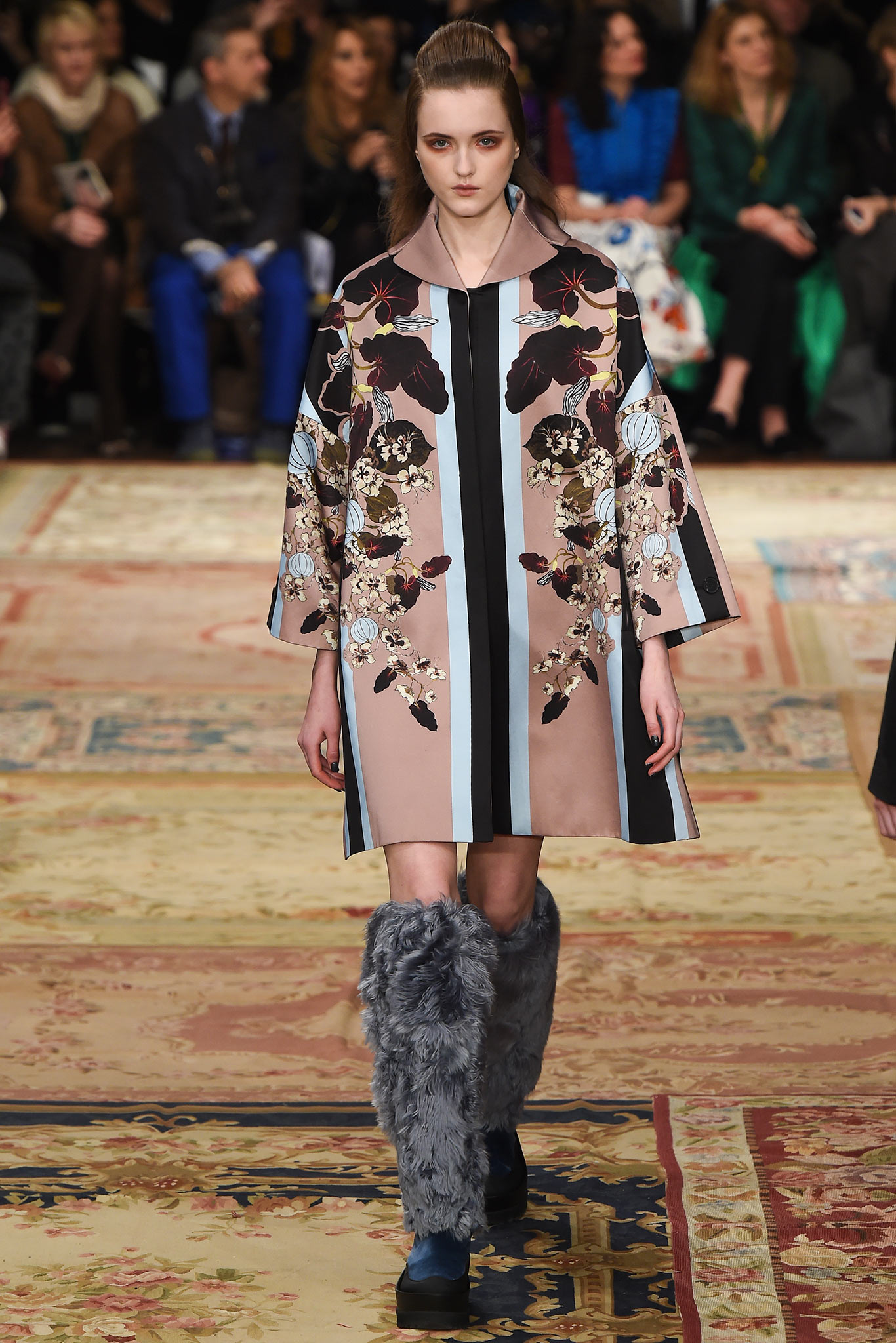 pink silk long-sleeve collared relaxed printed embroidered dress