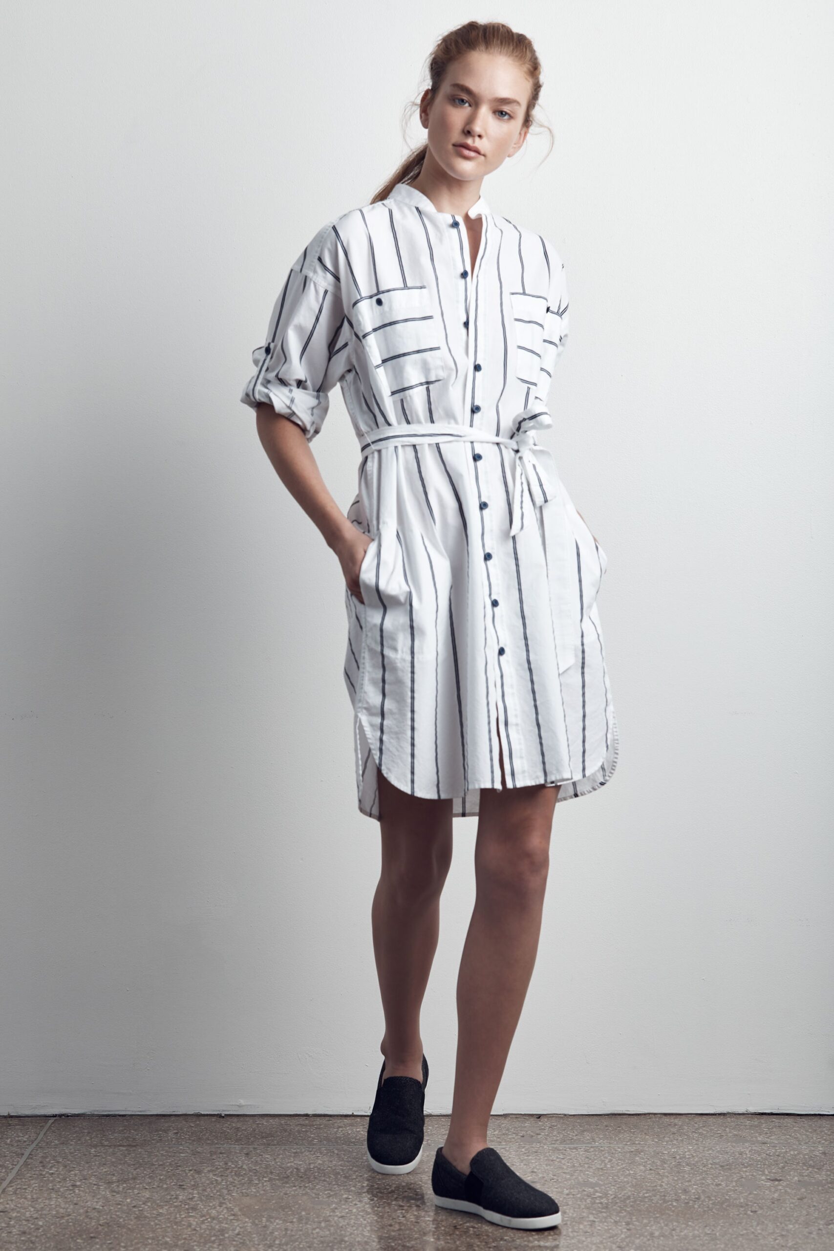 white and black striped shirt-dress
