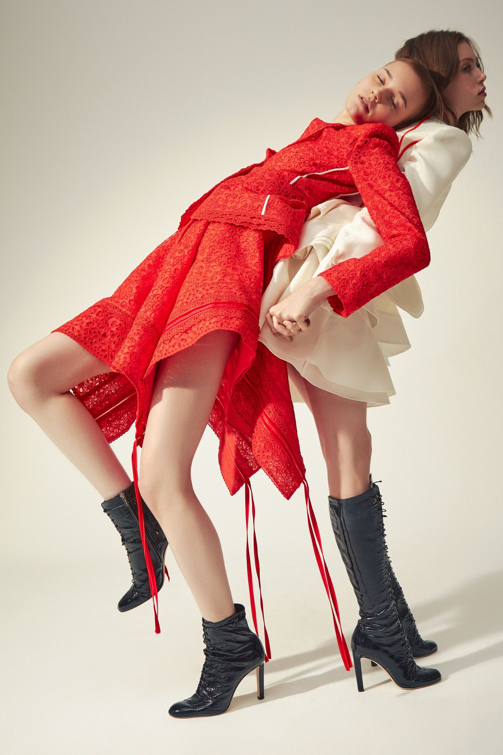 red lace asymmetric dress with jacket