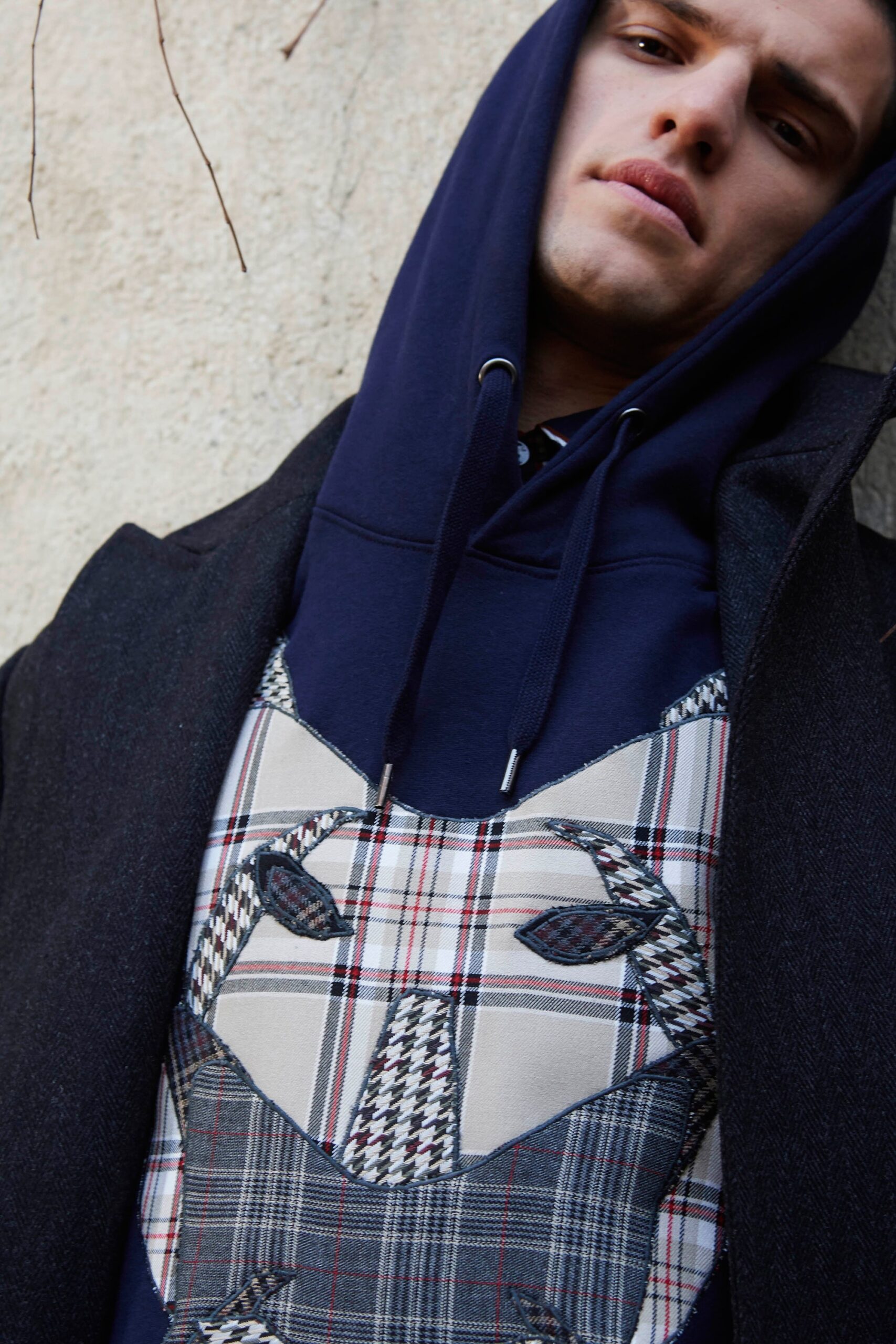 navy hoodie with printed design