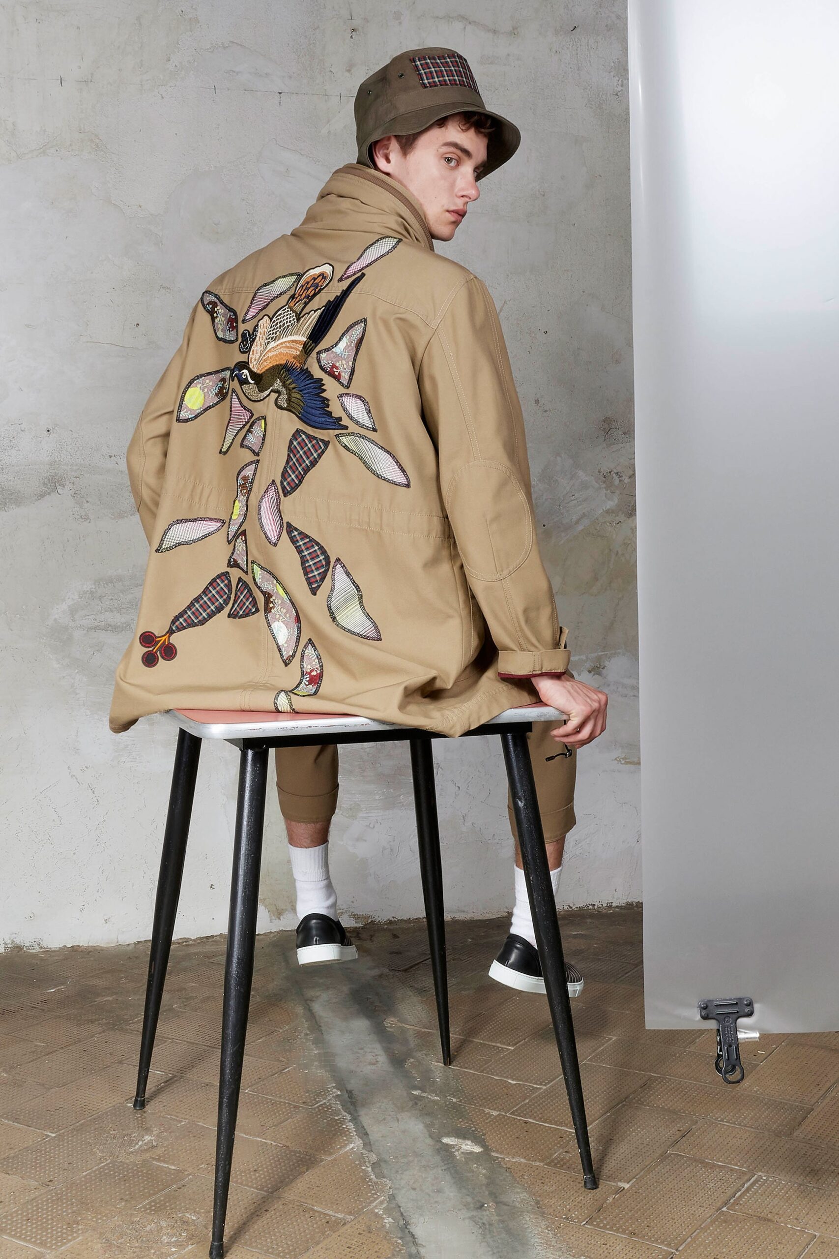 beige embroidered jacket with shorts