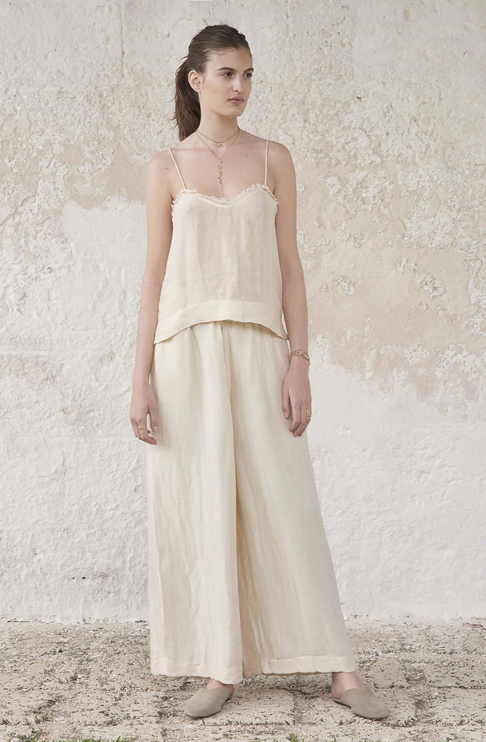 beige silk relaxed top and pants