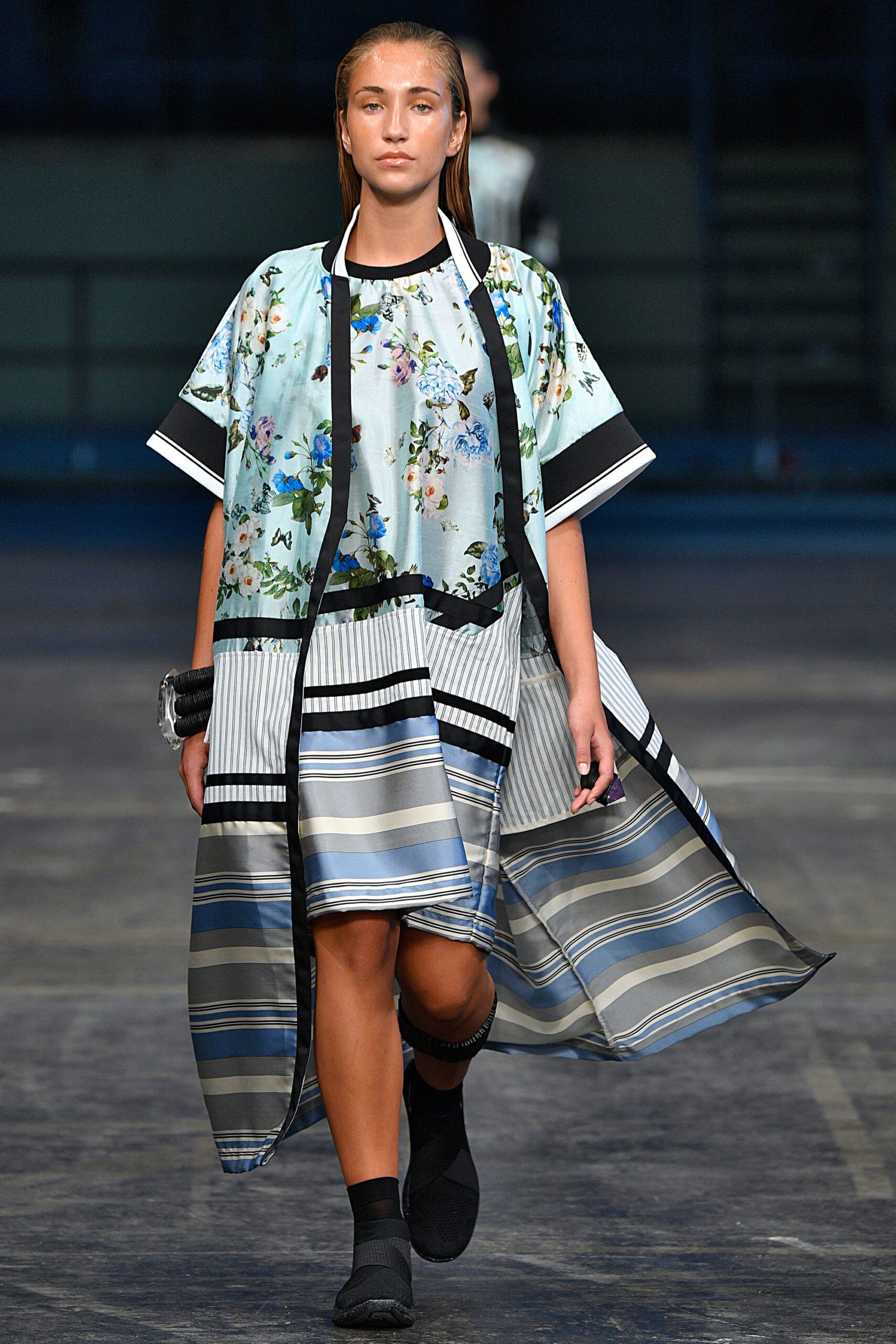 blue floral midi dress with coat