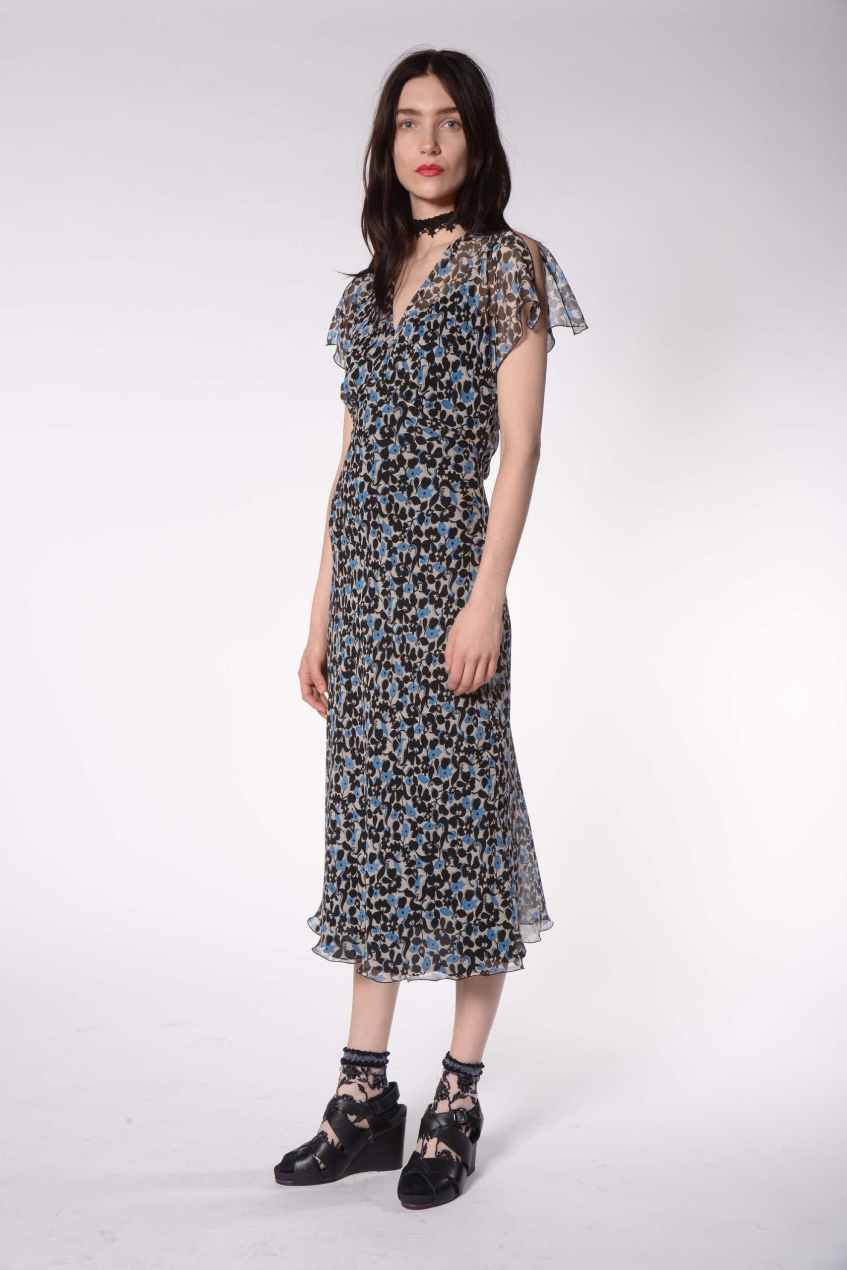blue black chiffon midi dress