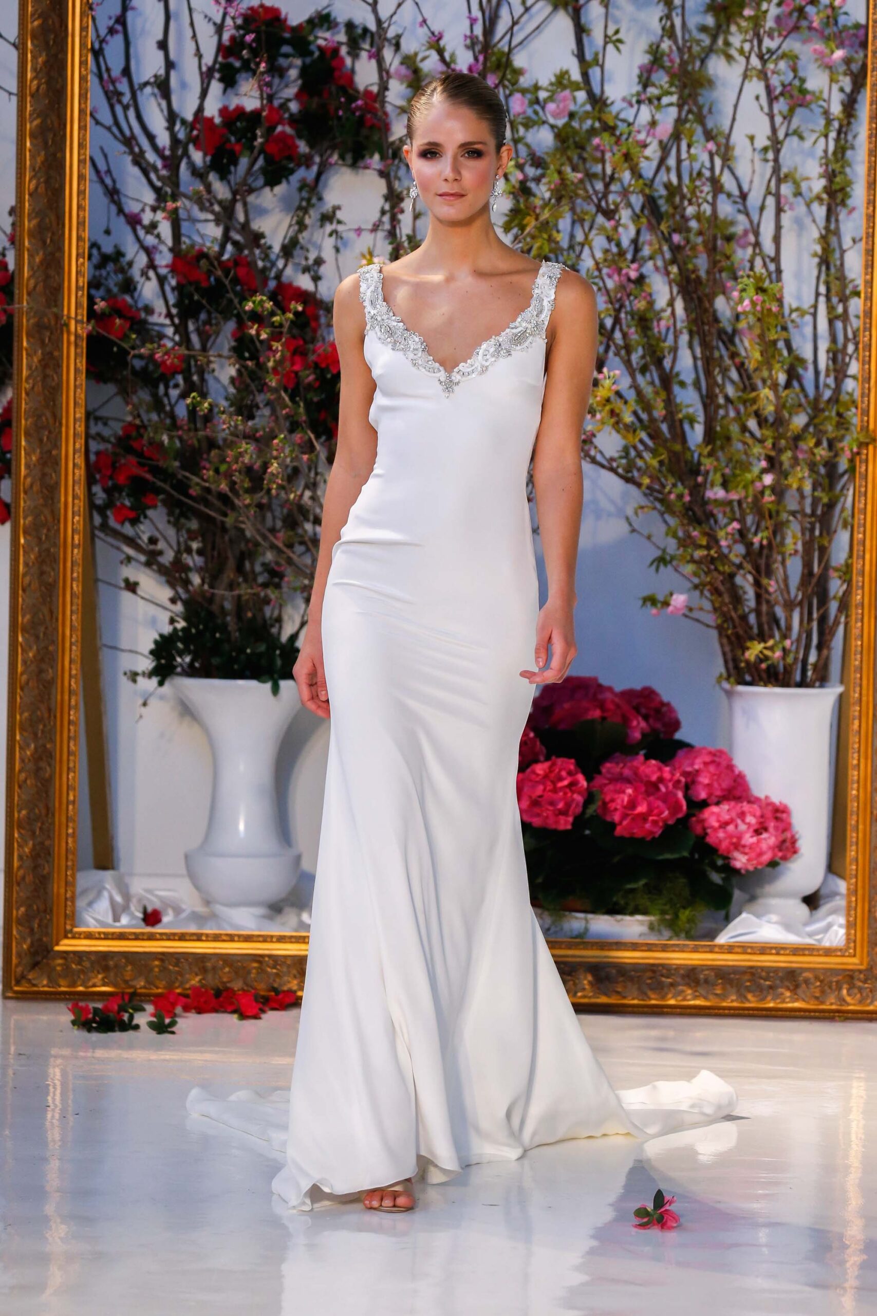 fitted white silk gown