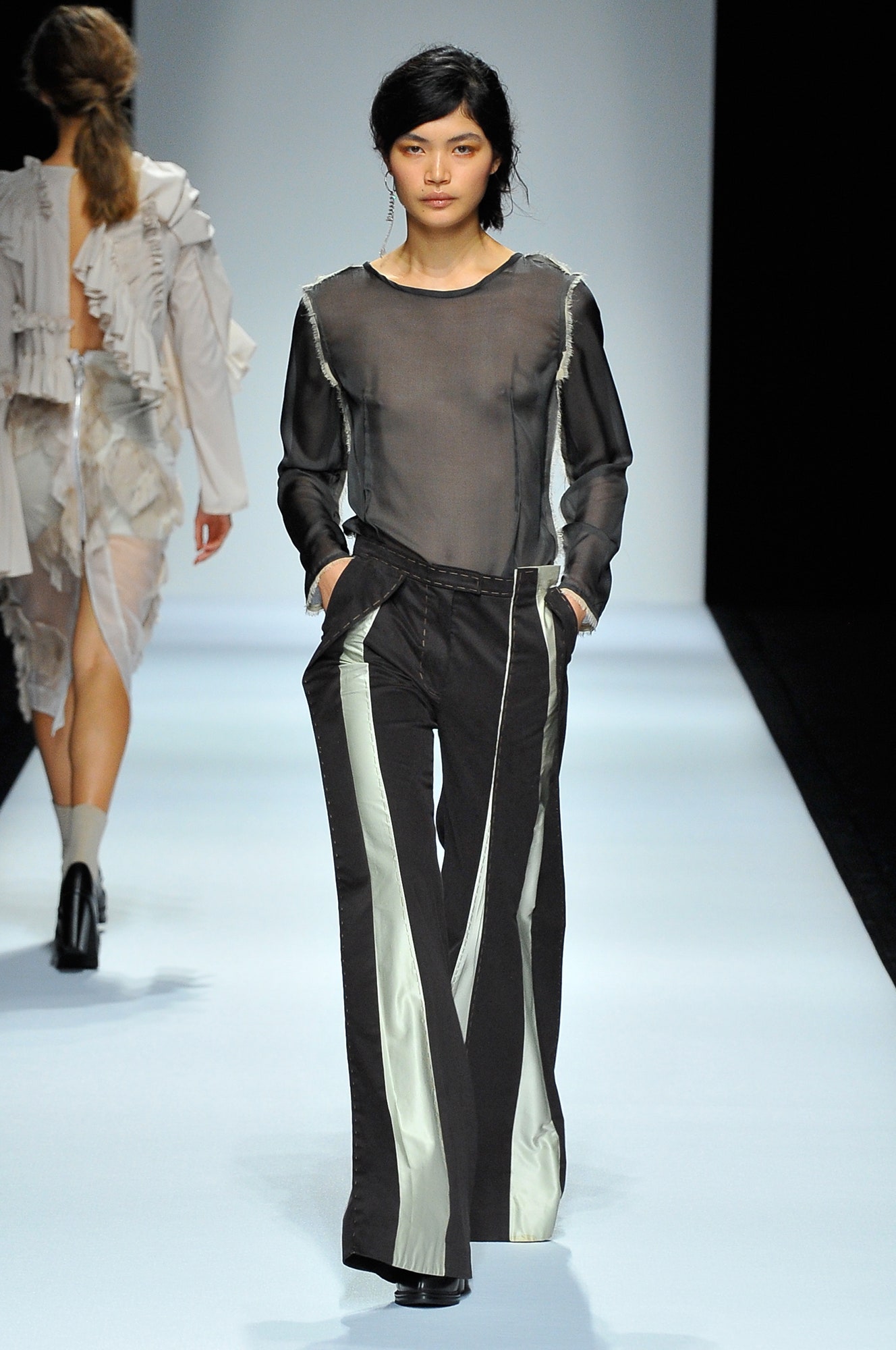 black silk sheer top with relaxed pants