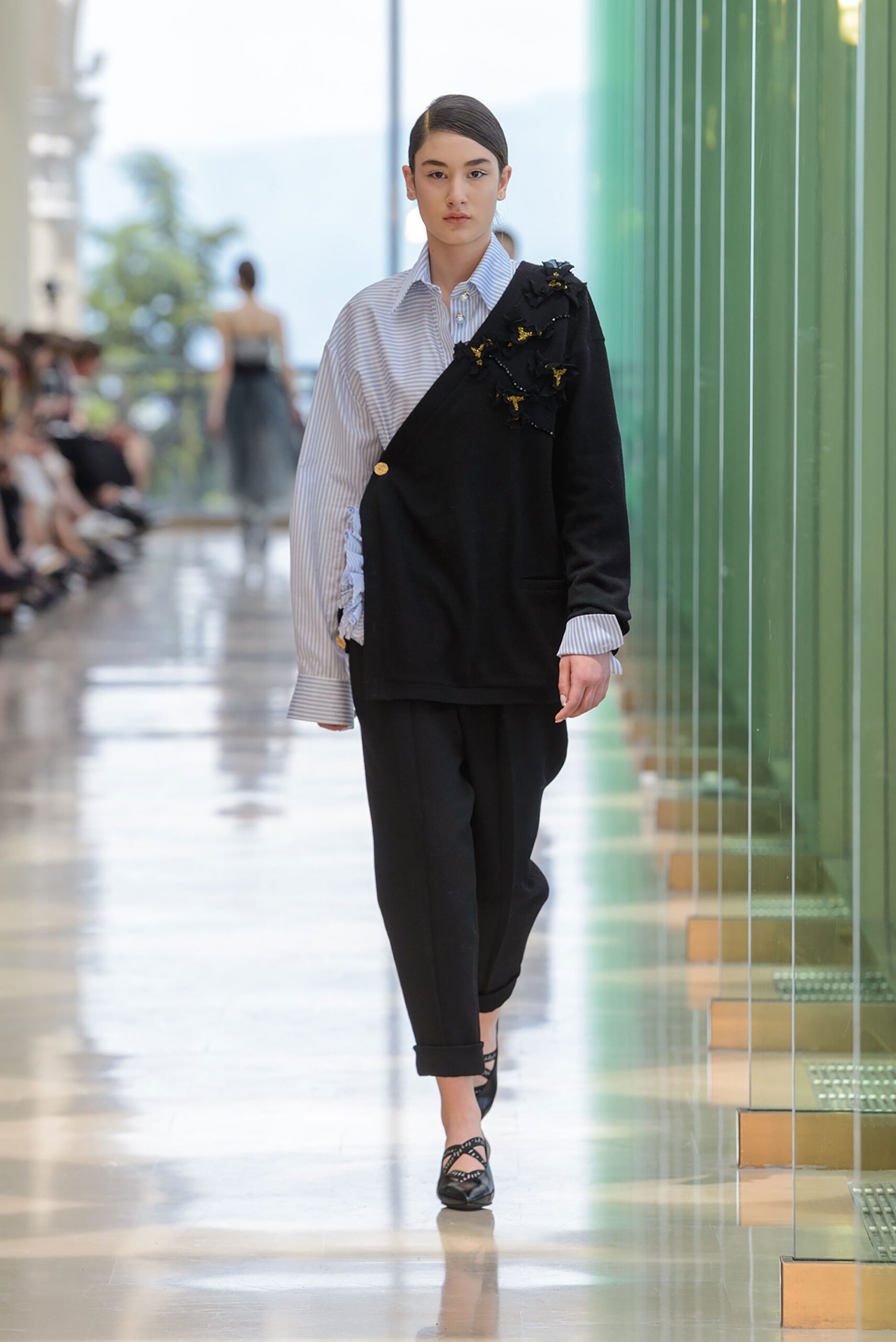 black and blue asymmetric outfit