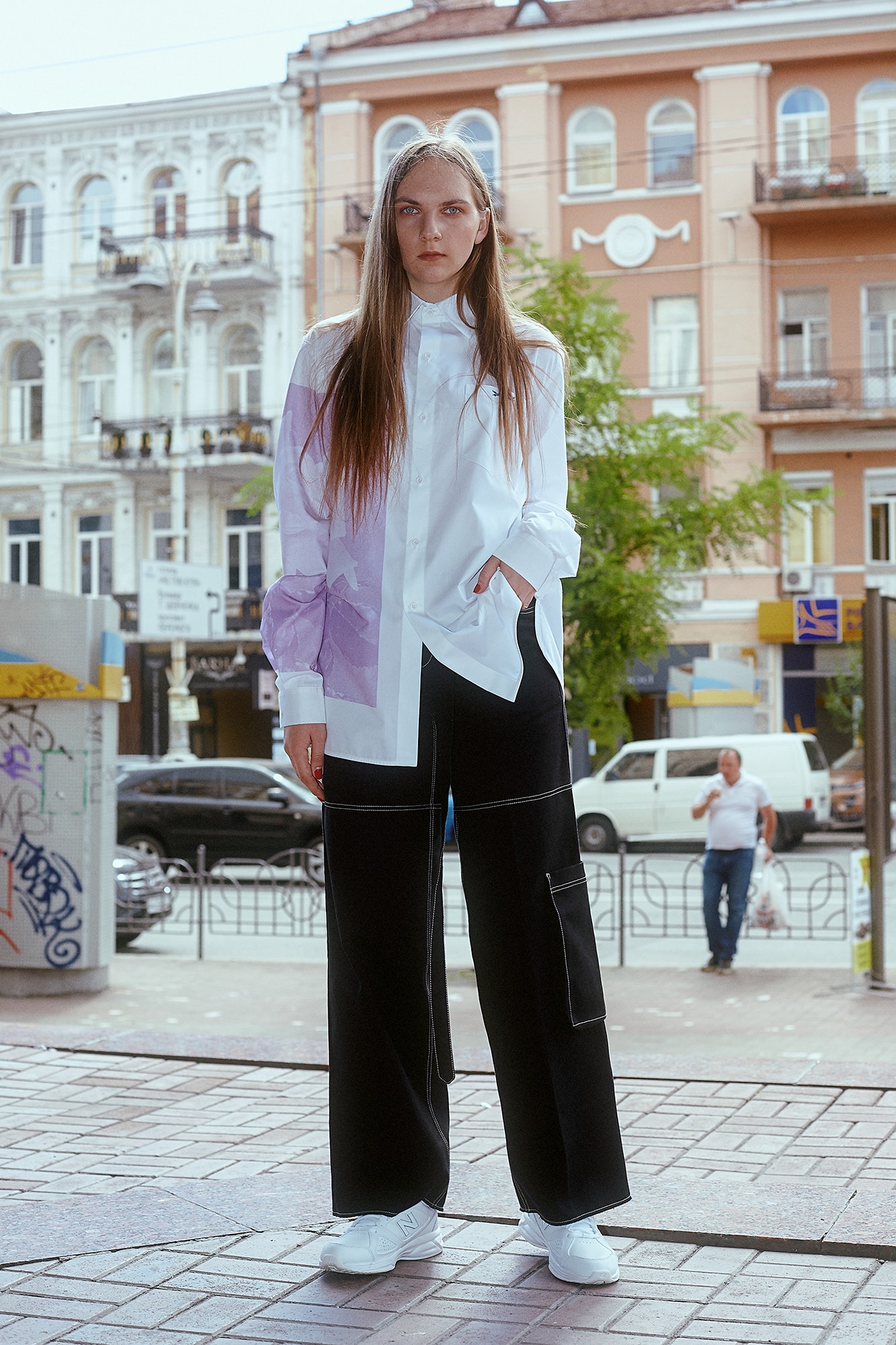 relaxed white and purple shirt with black pants