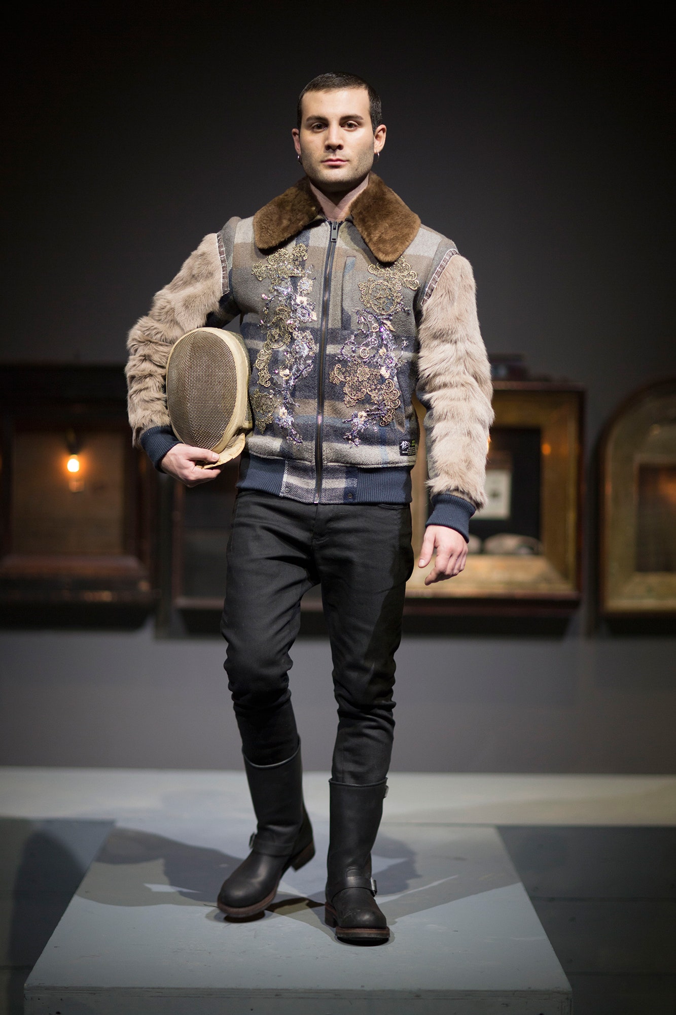 gray fur long-sleeve collared fitted embroidered jacket