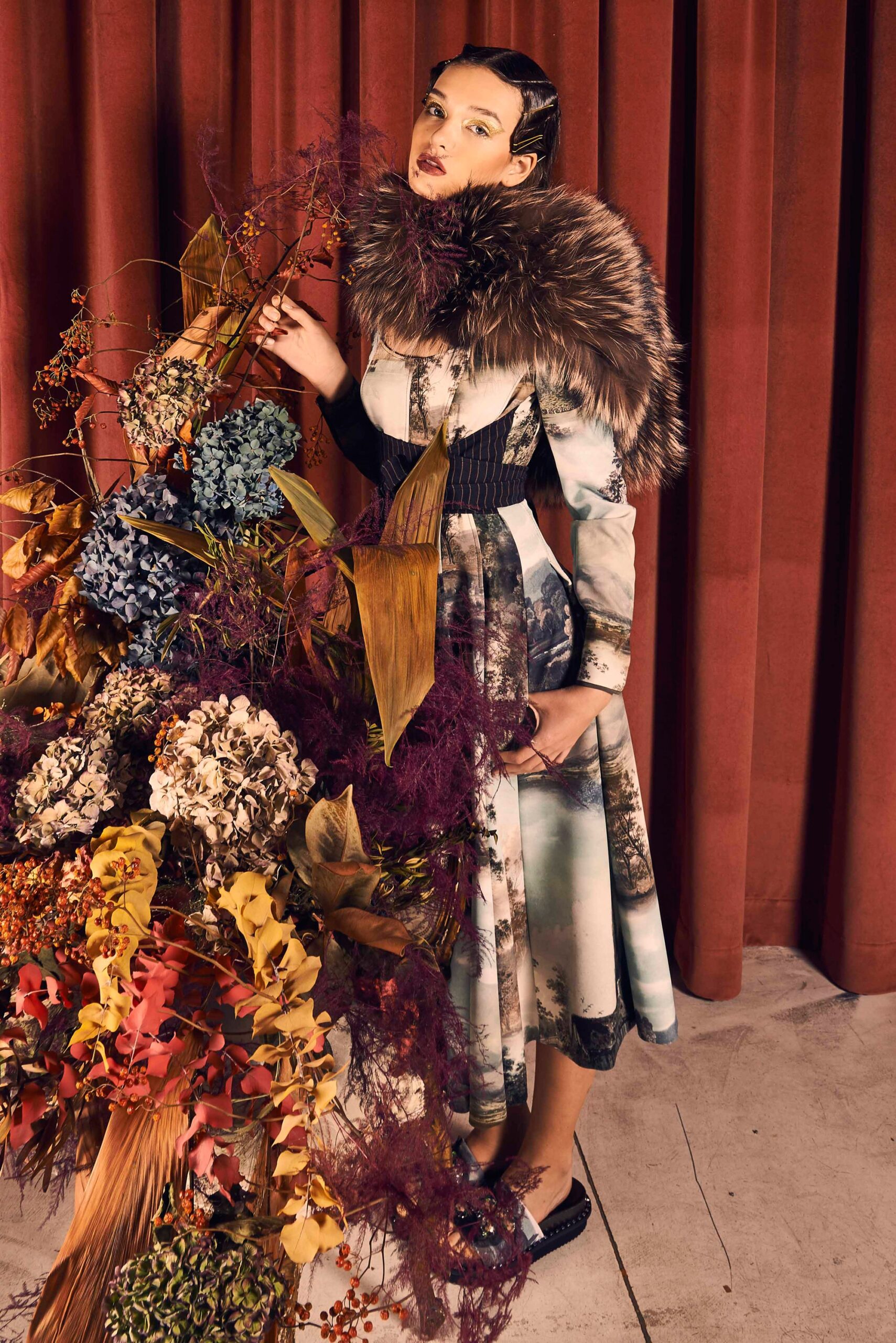 multi silk long-sleeve collared fitted printed tiered dress