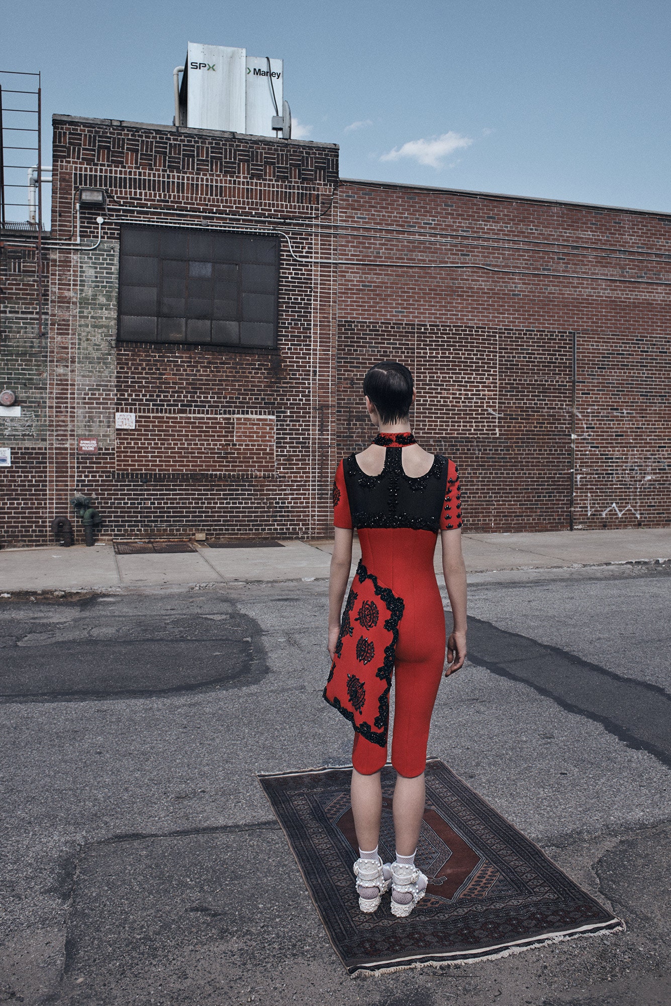 red and black floral asymmetric dress