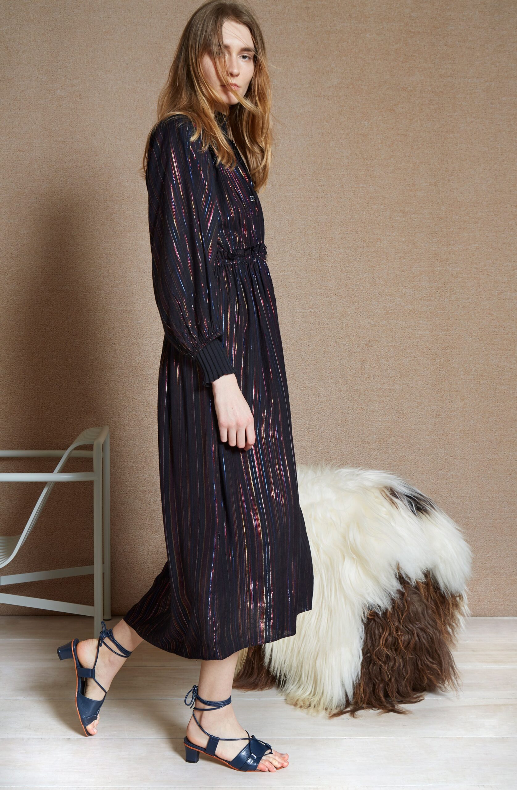 black silk long-sleeve high-neck fitted pleated flowing dress
