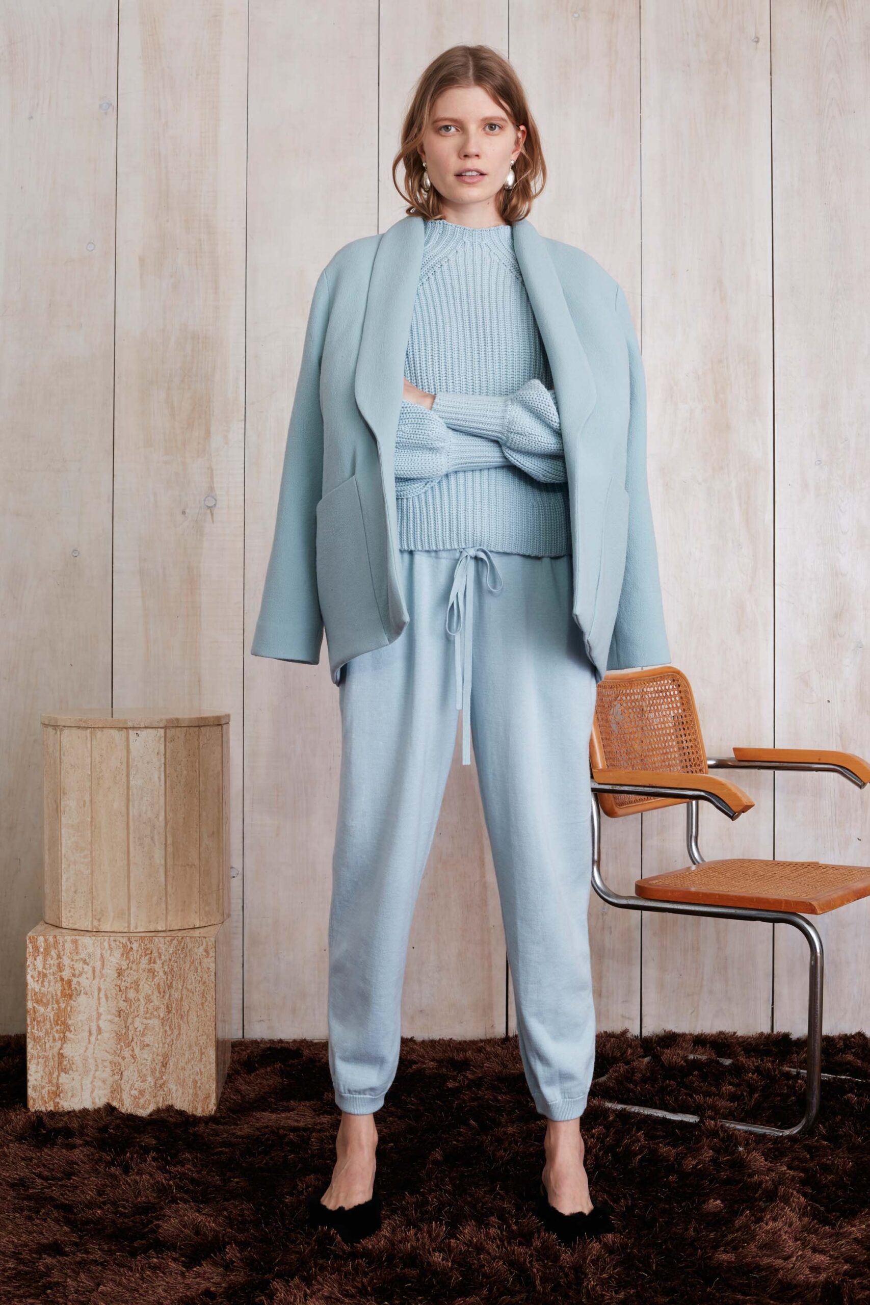 blue wool long-sleeve collared relaxed buttoned jacket