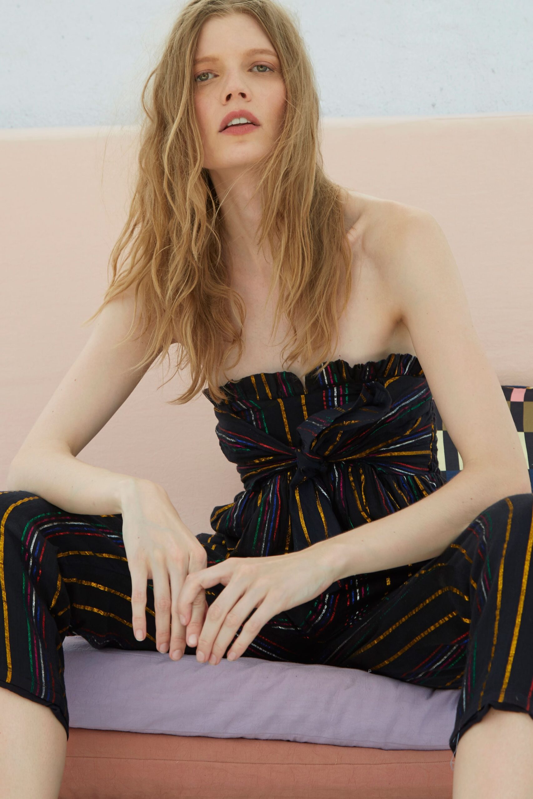 black strapless printed jumpsuit