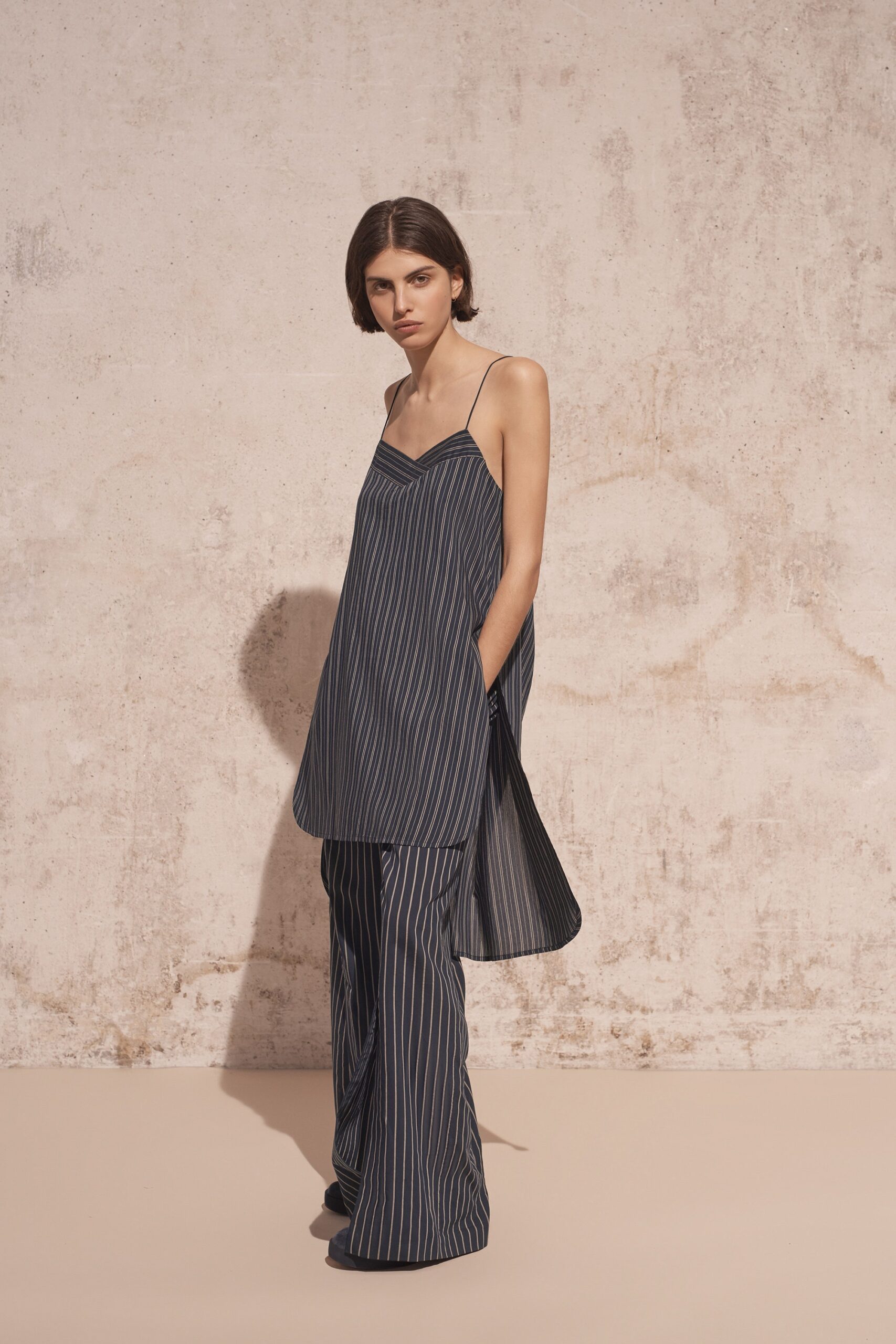 blue and white striped silk top and pants
