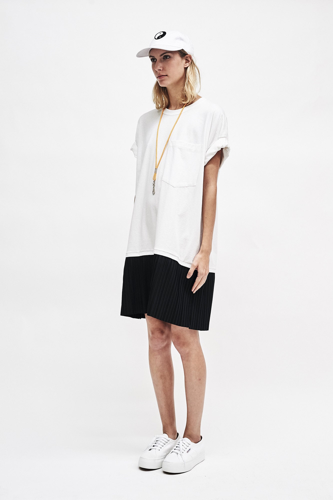 white cotton short-sleeve collared relaxed pleated short dress