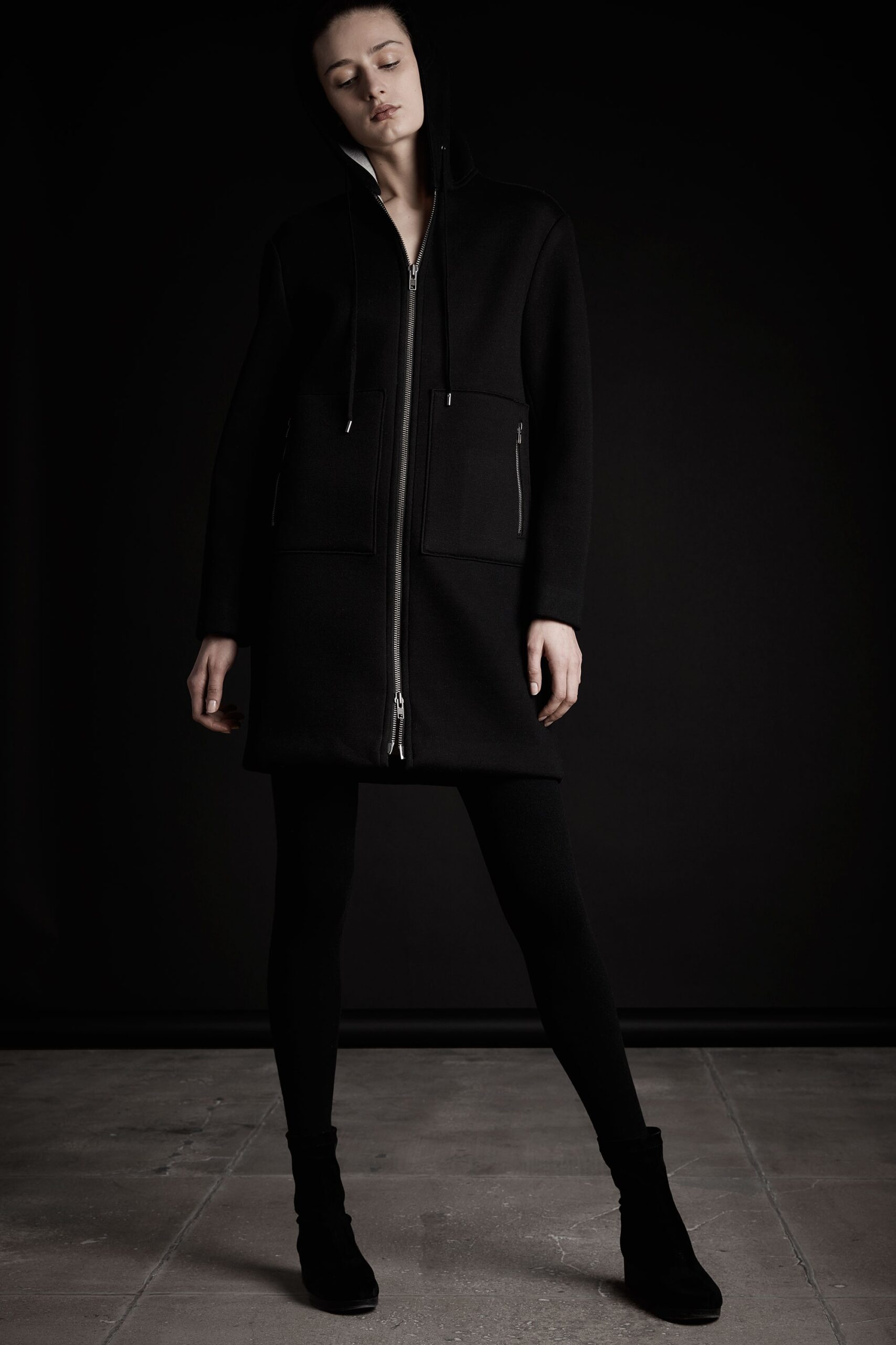 black fitted coat with hood