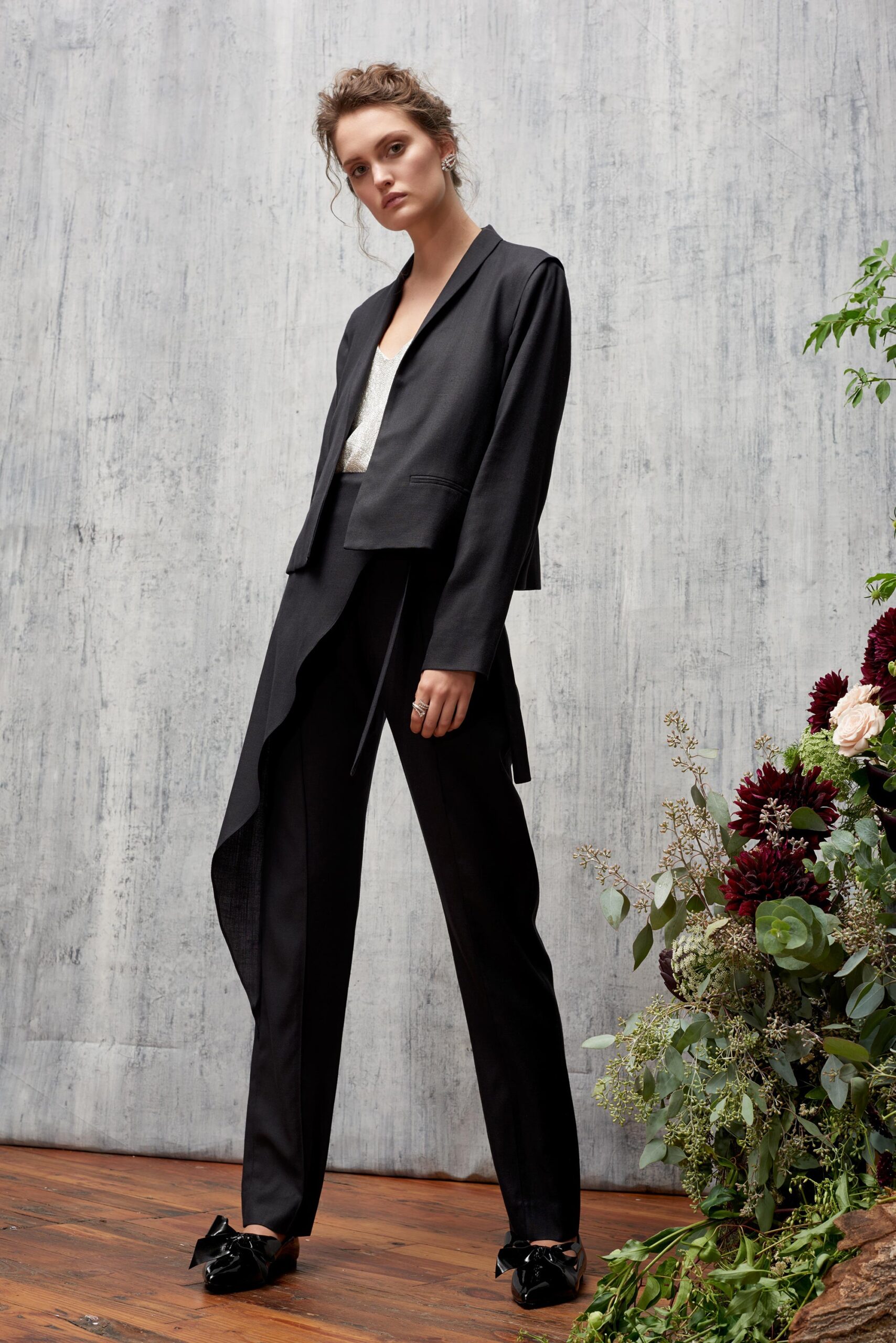 black cotton long-sleeve collared tailored layered blazer