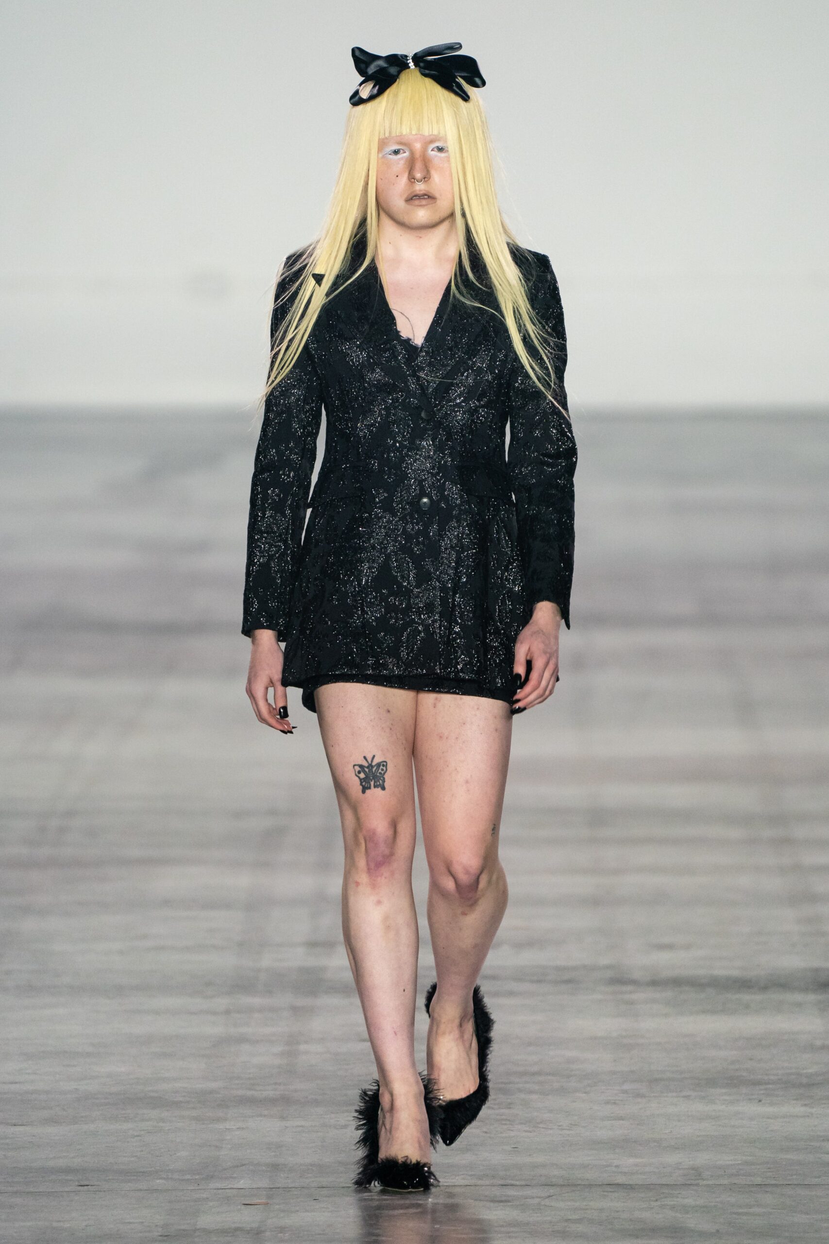 black embroidered blazer with fur shoes