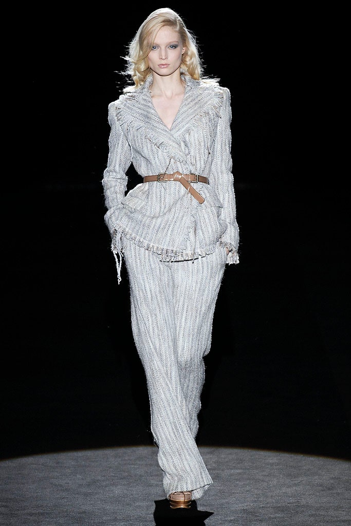 fitted gray tweed suit