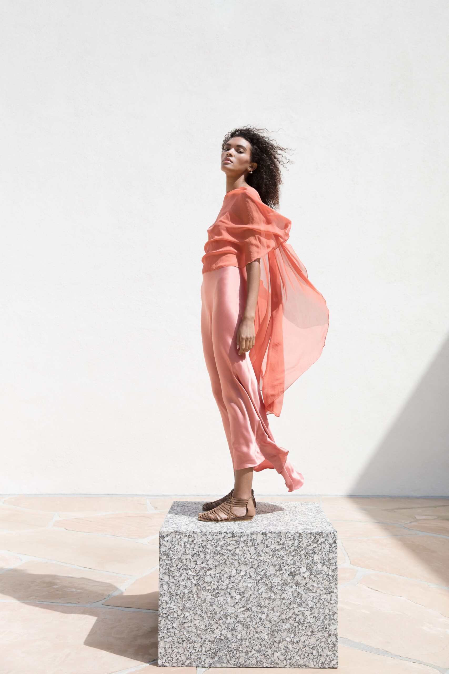 coral chiffon sleeveless oversized layered flowing cape