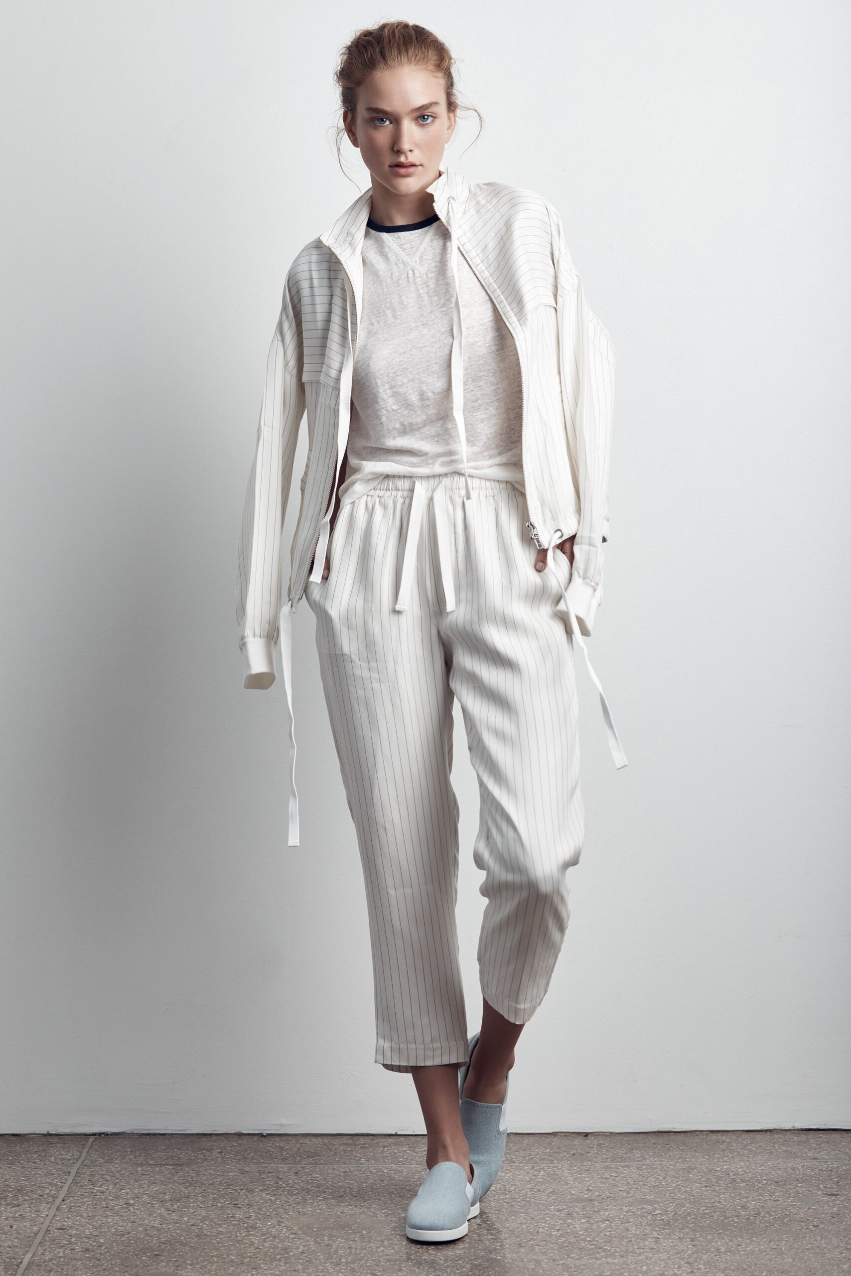 white relaxed jacket with striped pants