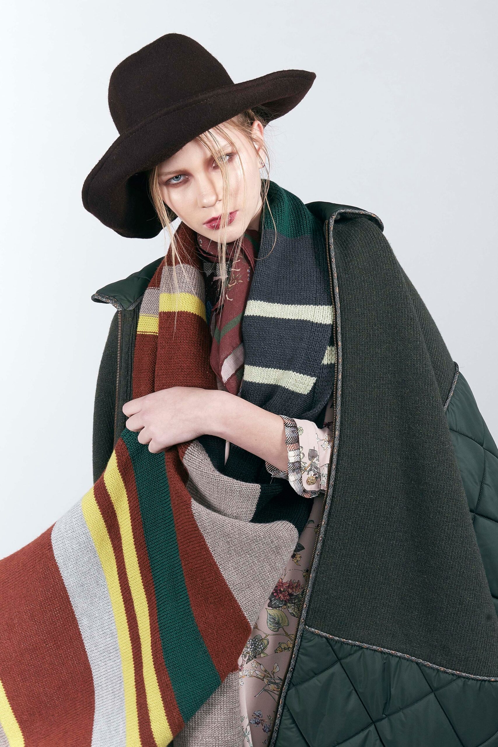green relaxed cape with multi-striped scarf