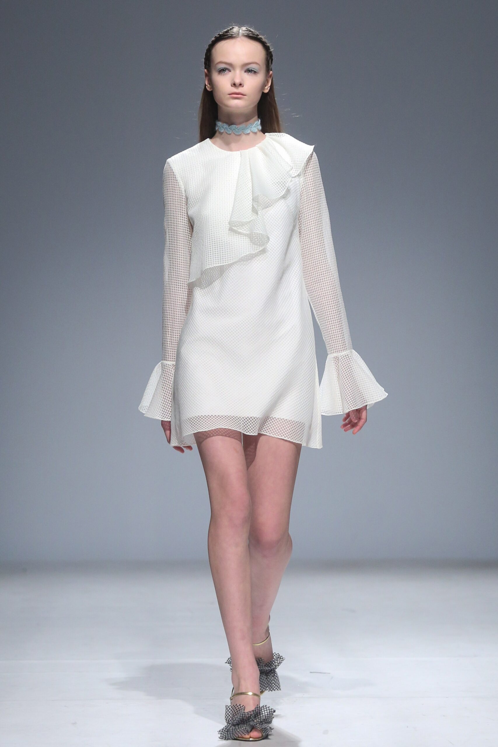 white pleated long-sleeve dress