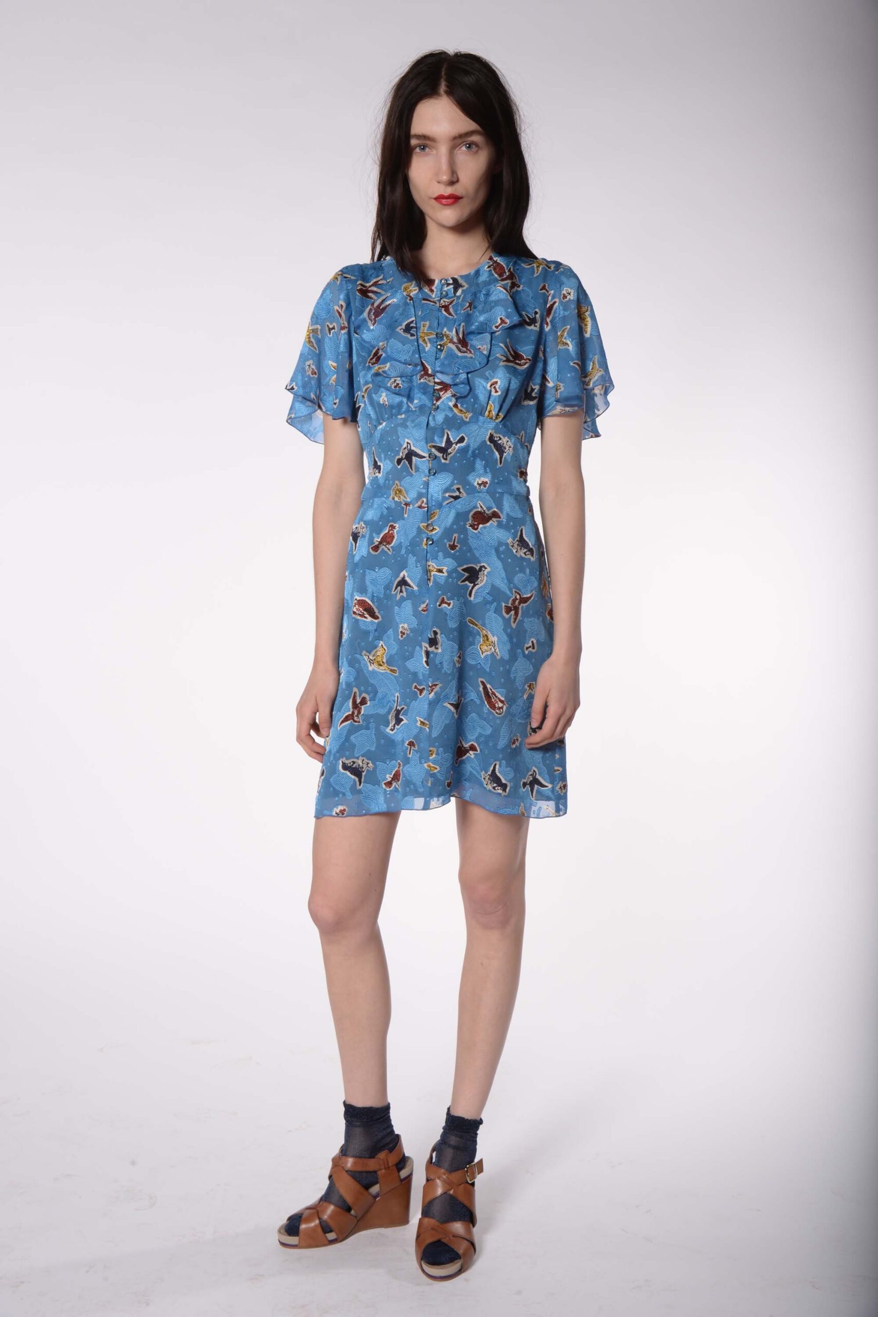 blue printed short dress with brown shoes